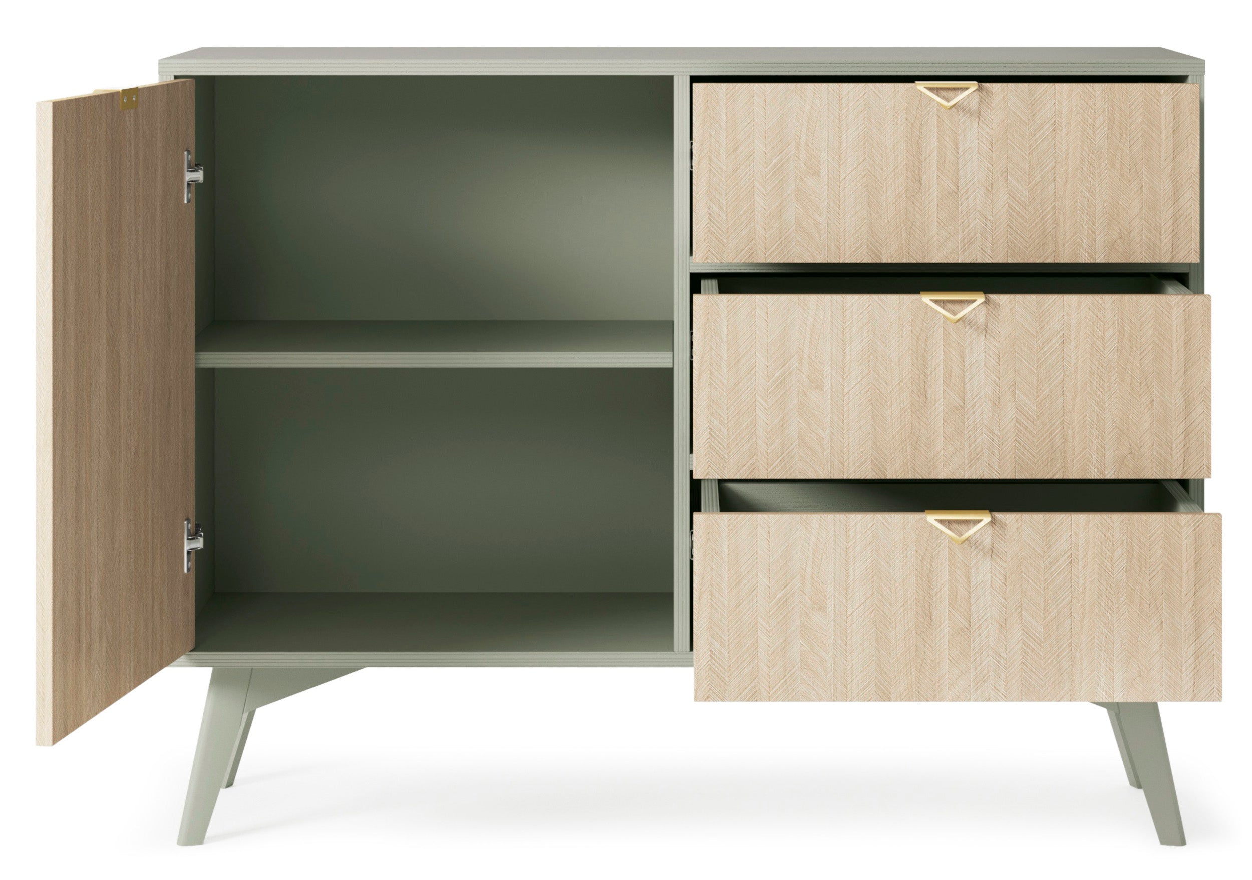 Favoria Kommode mit einer Tür und Schubladen, 106 cm, Eukalyptus/Scandi Fischgrätmuster mit goldenen Griffen