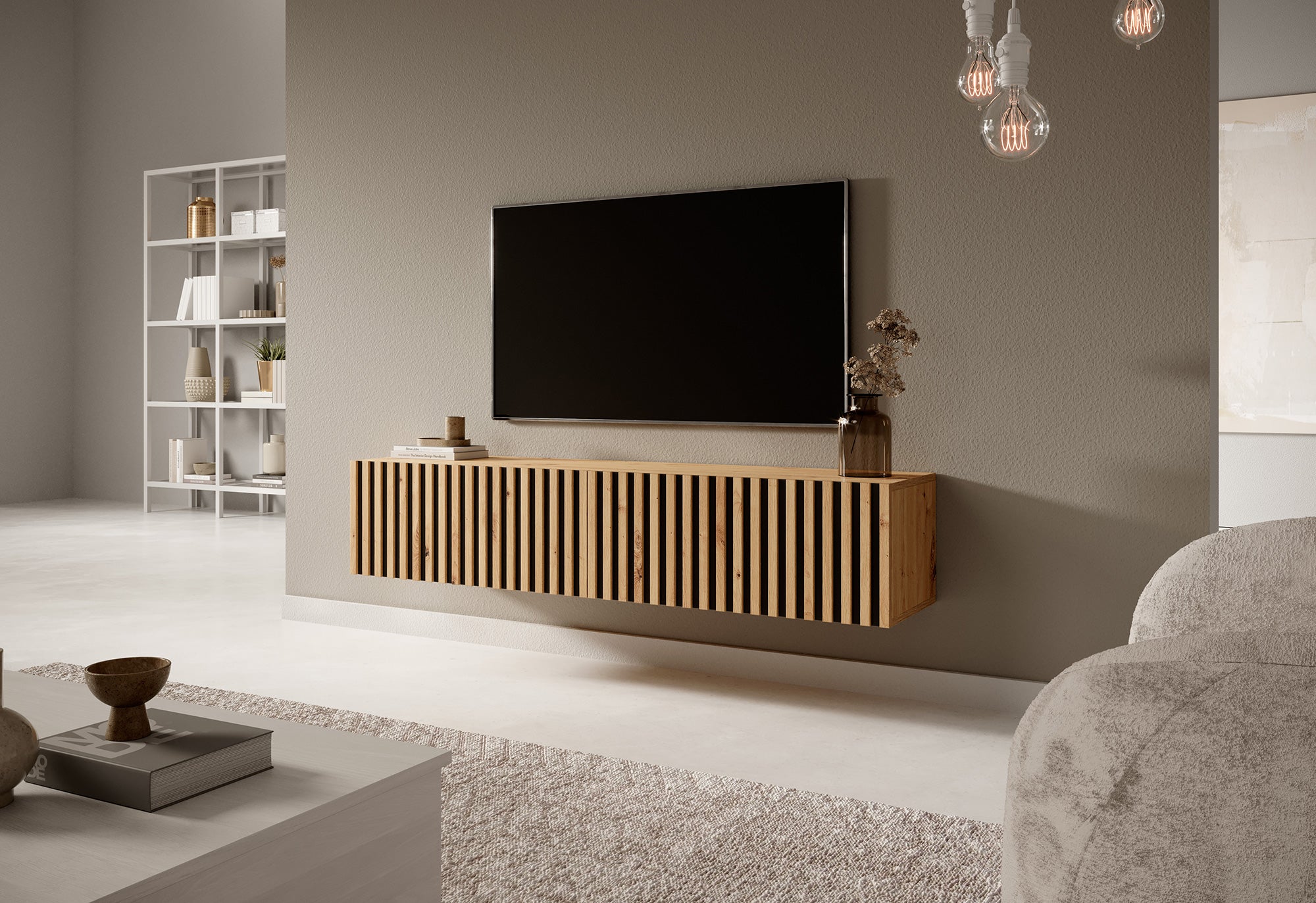 TV-Schrank Telire 138,6 cm Artisan-Eiche mit lamellenförmiger Front und schwarzen Einsätzen