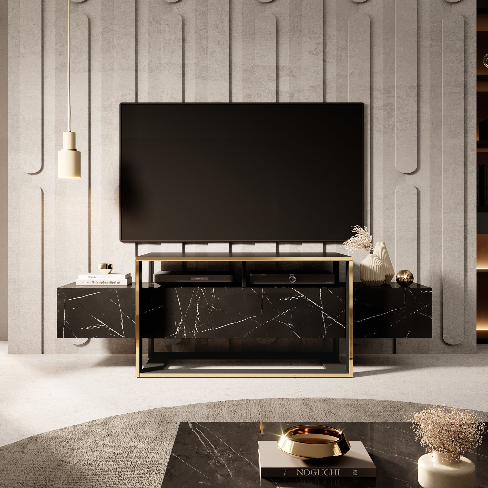TV-Schrank Excelsum 160 cm schwarzer Marmor mit abschließbarem Fach