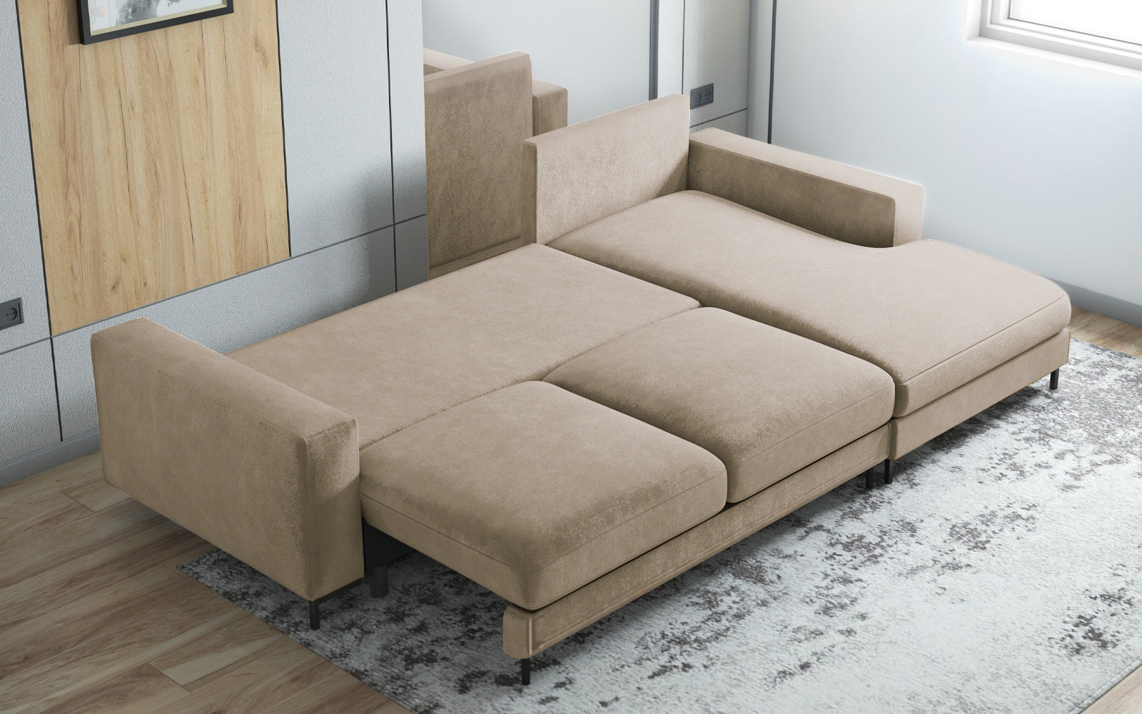 Ecksofa mit Schlaffunktion Mokpeo, L-förmig, mit zwei Stauraumfächern auf schwarzen Füßen, beige, aus pflegeleichtem Stoff, rechtsseitig