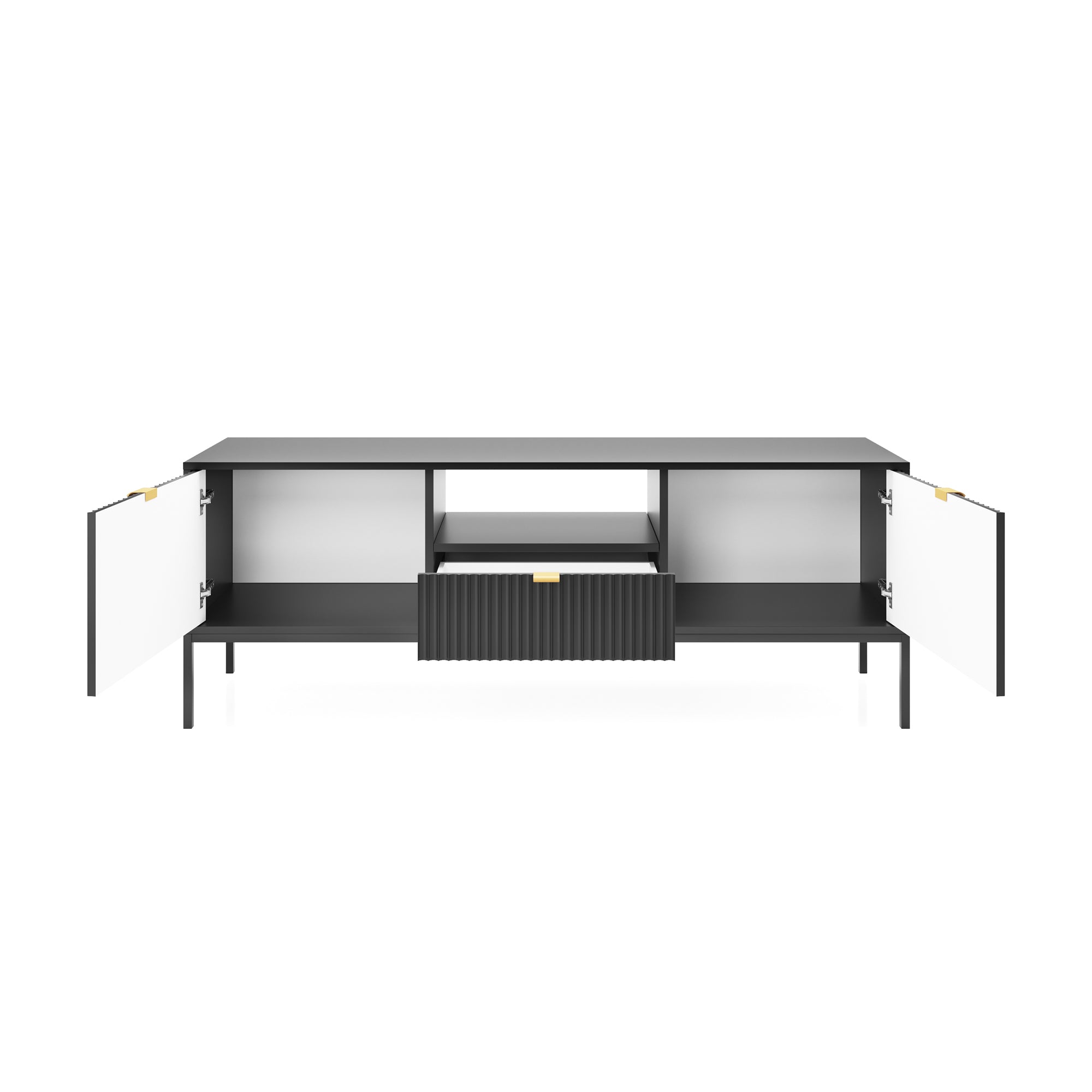TV-Schrank Vellore 154 cm schwarz mit gerillten Fronten und goldenen Griffen