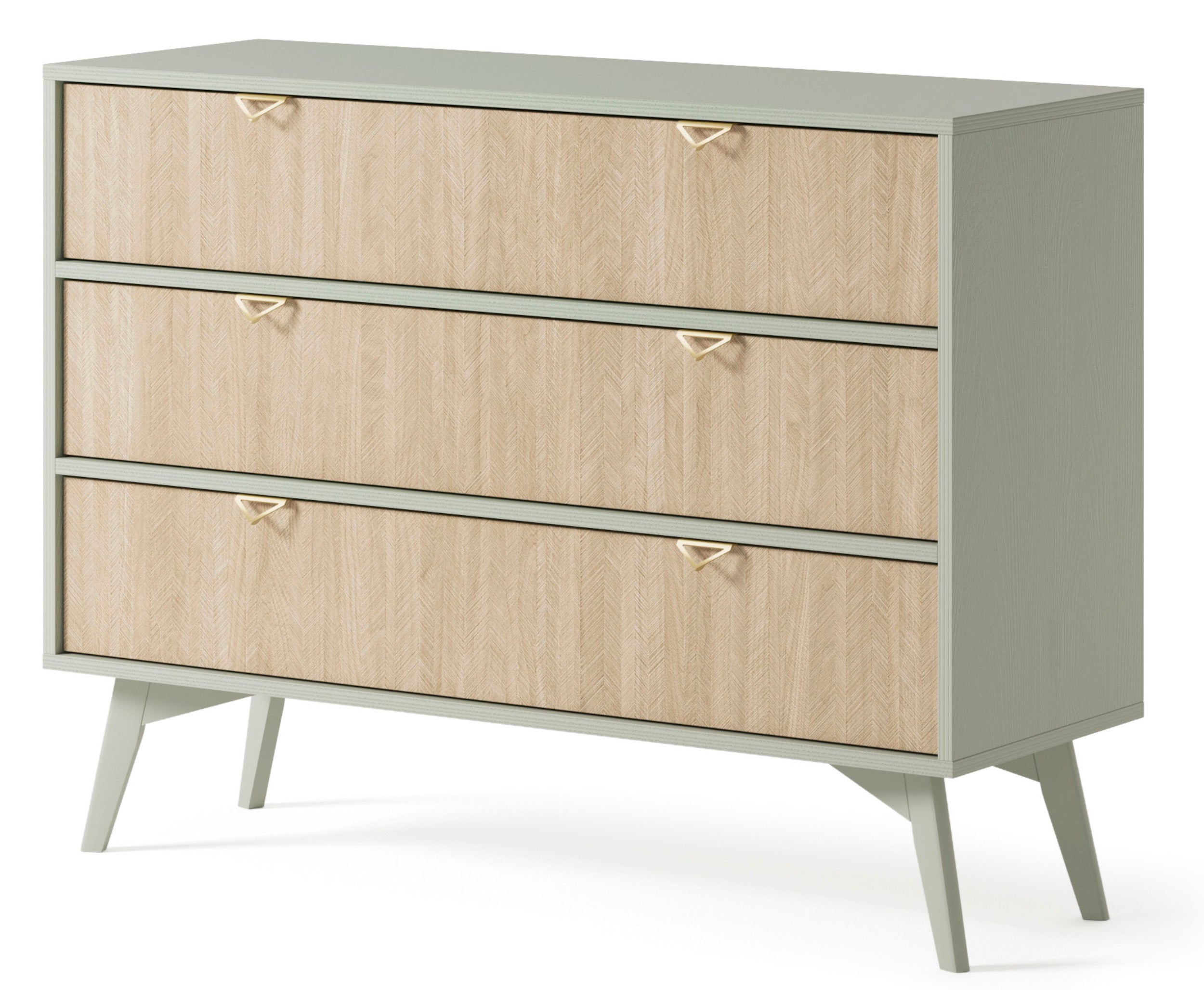Kommode Favoria mit Schubladen 106 cm Eukalyptus/Scandi Fischgrätmuster mit goldenen Griffen