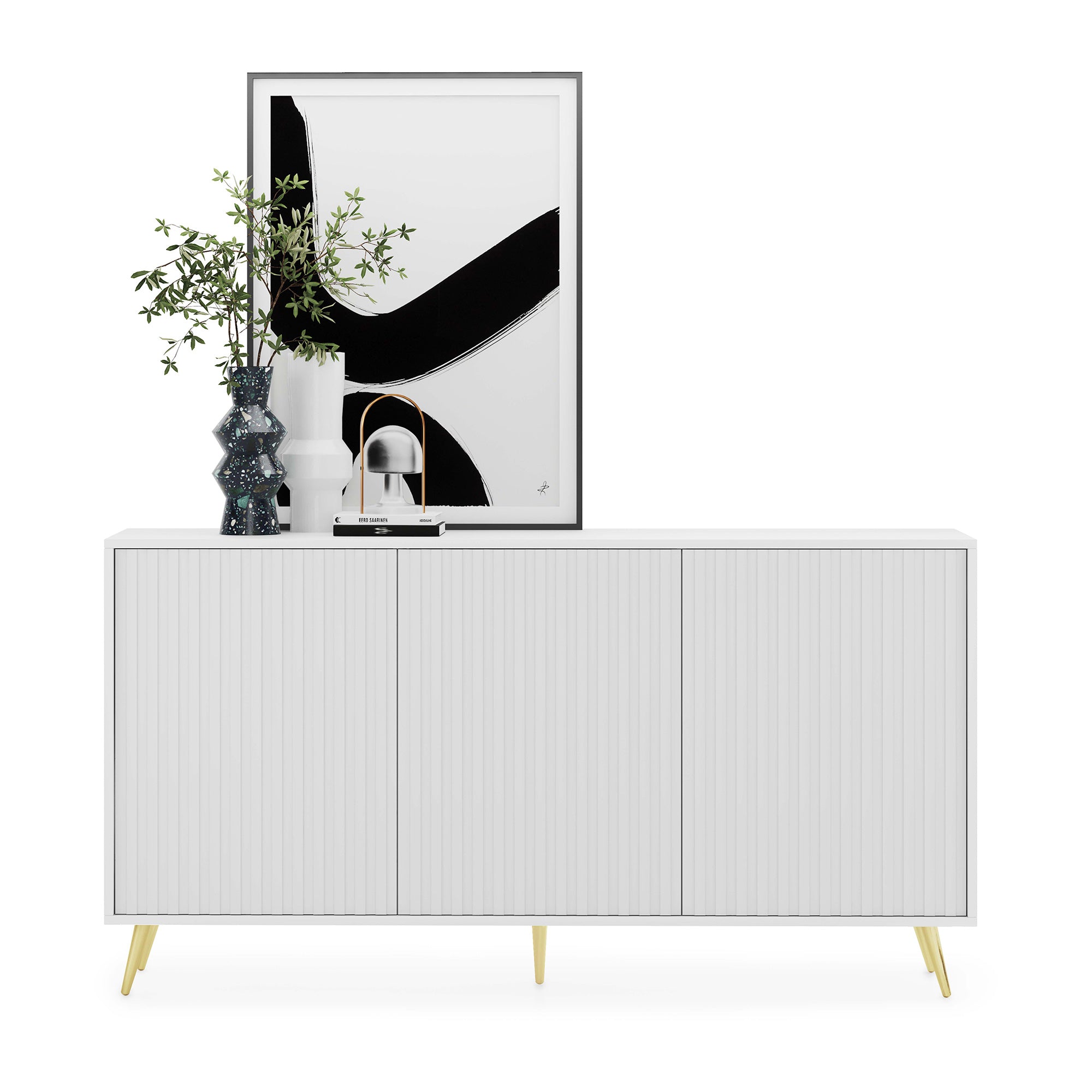 Kommode Bello mit Lamellenfronten, 154 cm, weiß mit goldenen Beinen