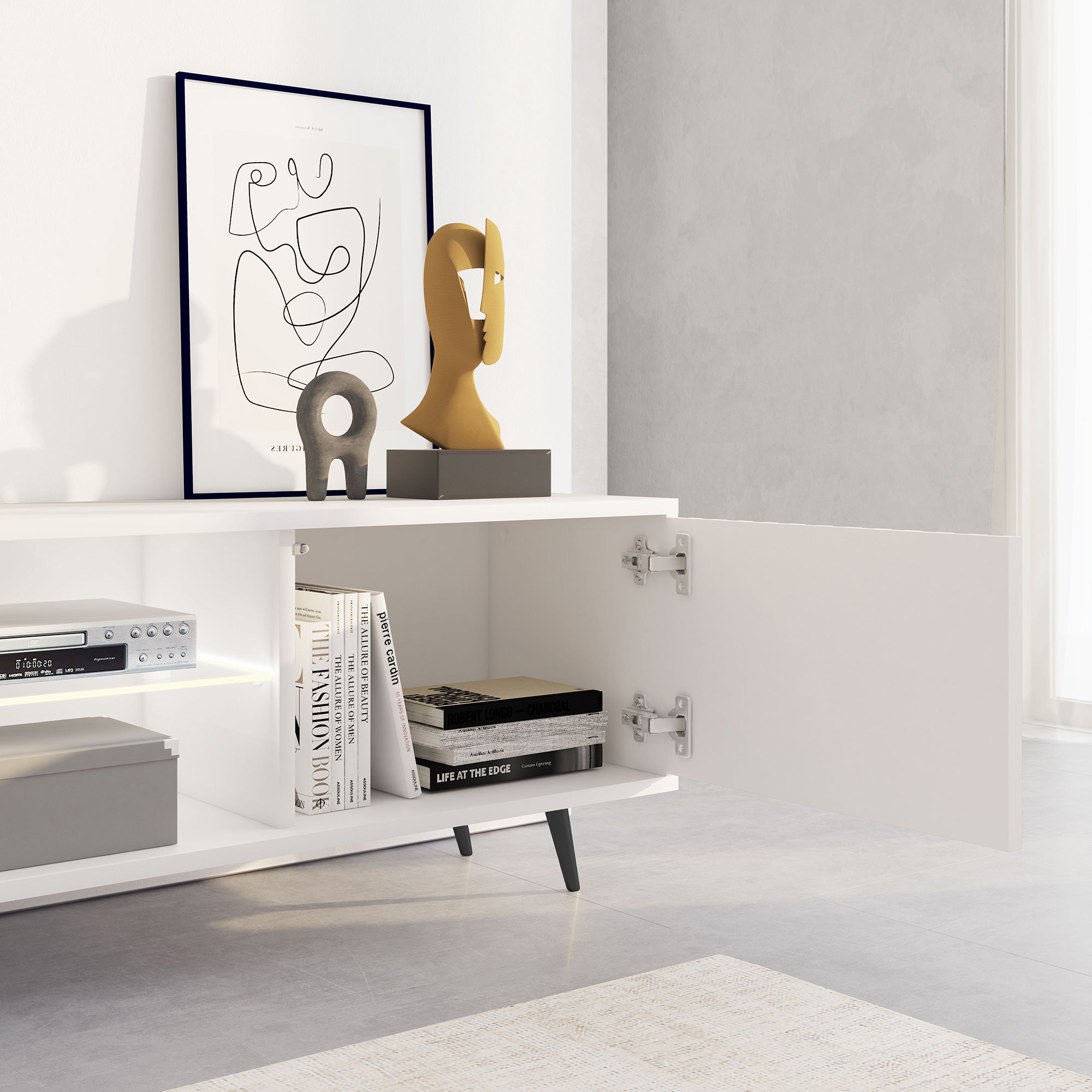 TV-Schrank Bello mit Lamellenfronten, 175 cm, weiß, mit LED und schwarzen Beinen