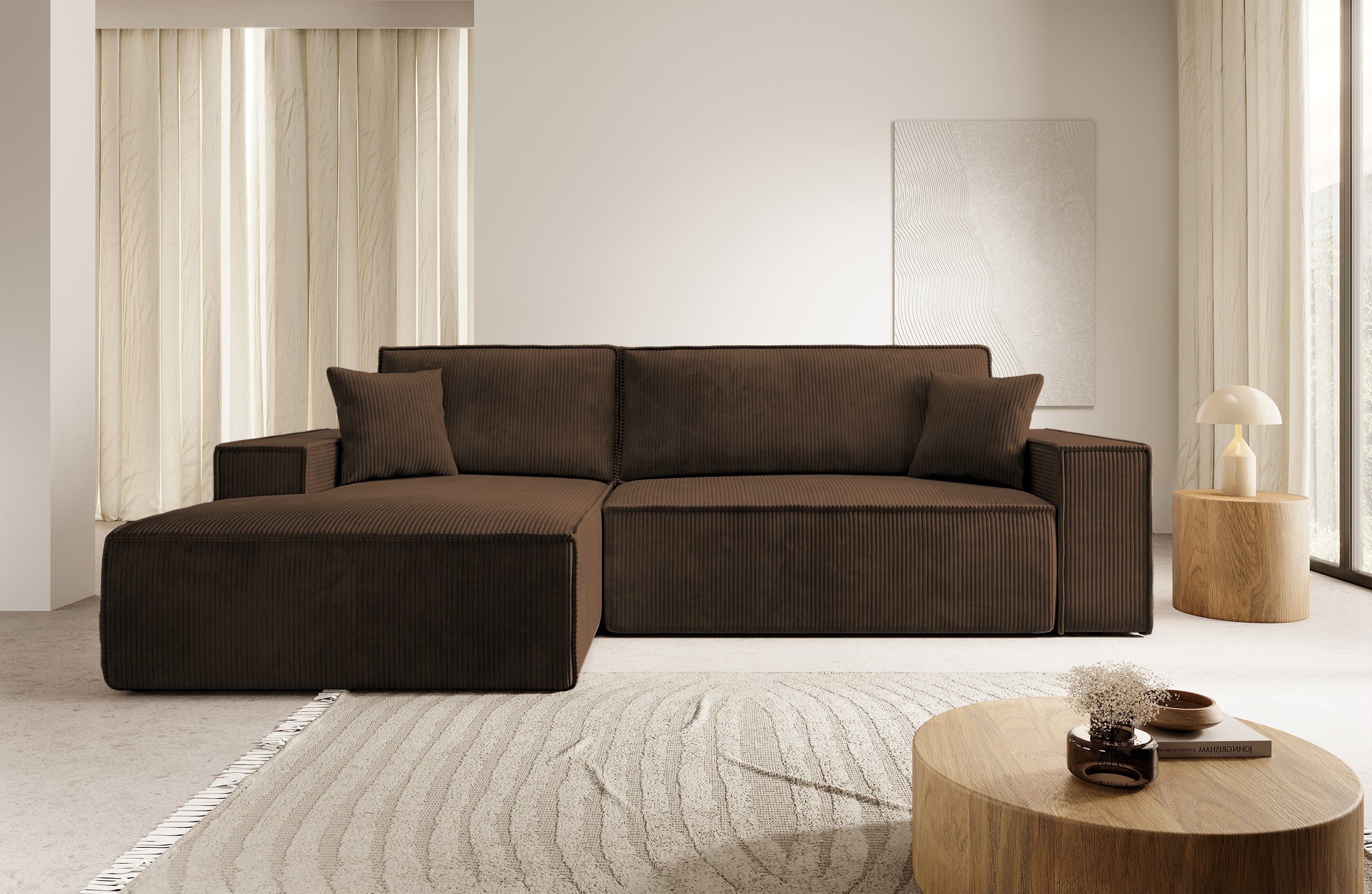 Ecksofa mit Schlaffunktion Farese New, L-förmig, mit Stauraum, brauner Cord, linksseitig