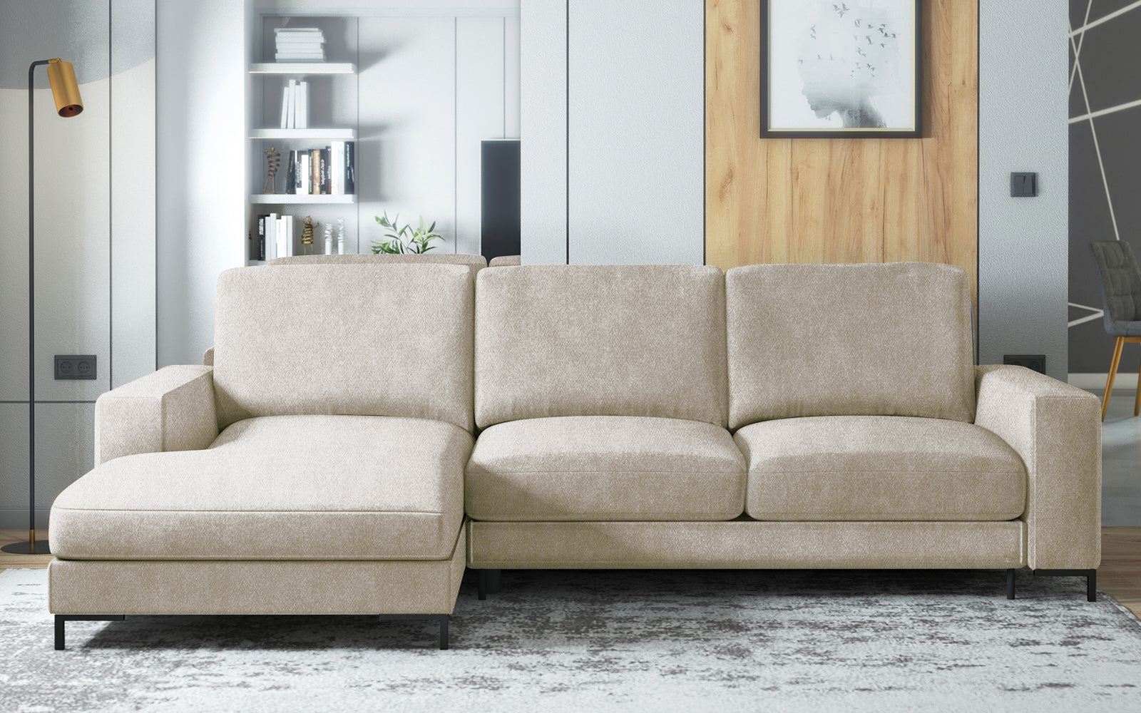Ecksofa mit Schlafunktion Mokpeo, L-förmig, mit zwei Stauraumfächern, auf schwarzen Füßen, hellbeige, aus leicht zu reinigendem Stoff, linksseitig