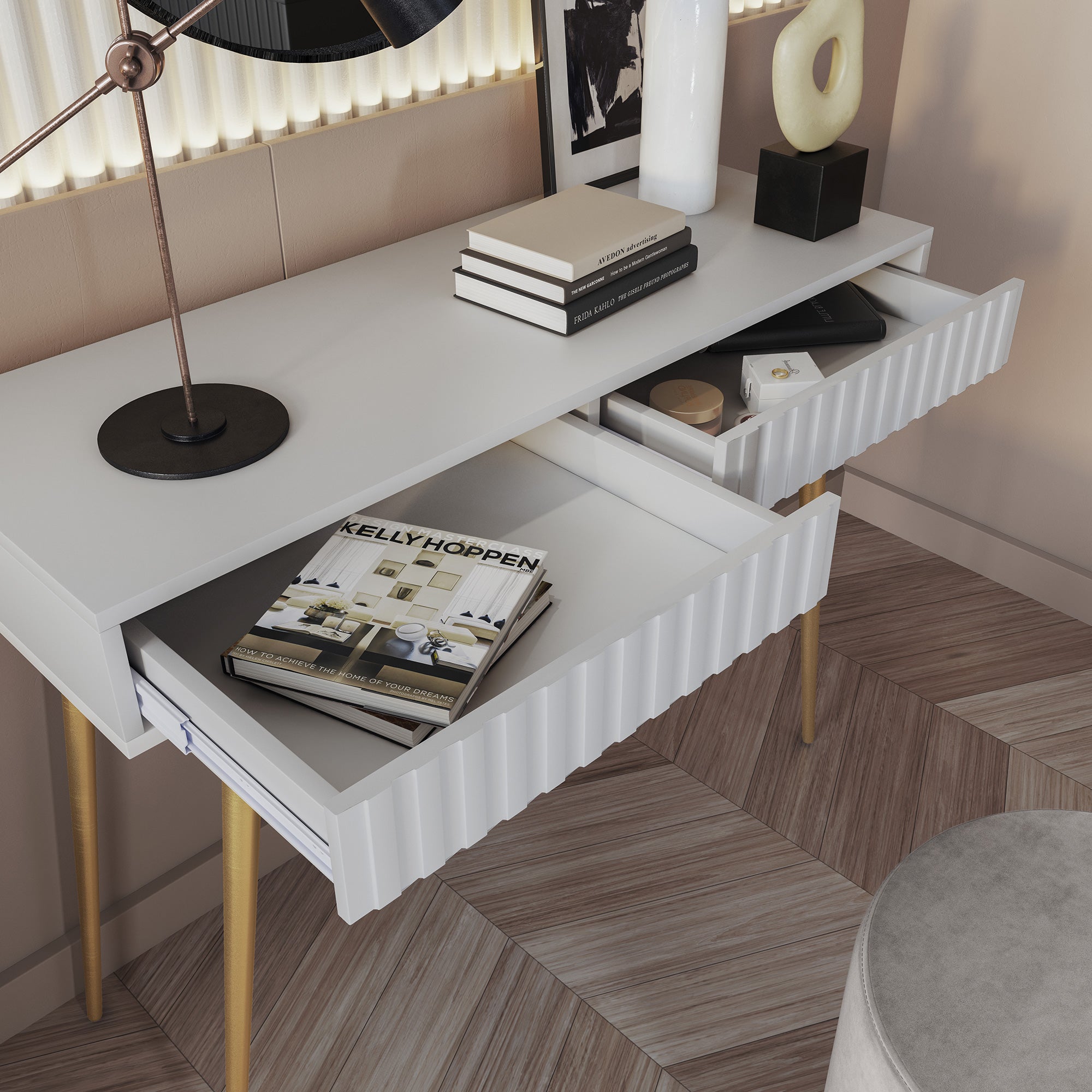 Toilettentisch Bello 104 cm weiß mit goldenen Beinen