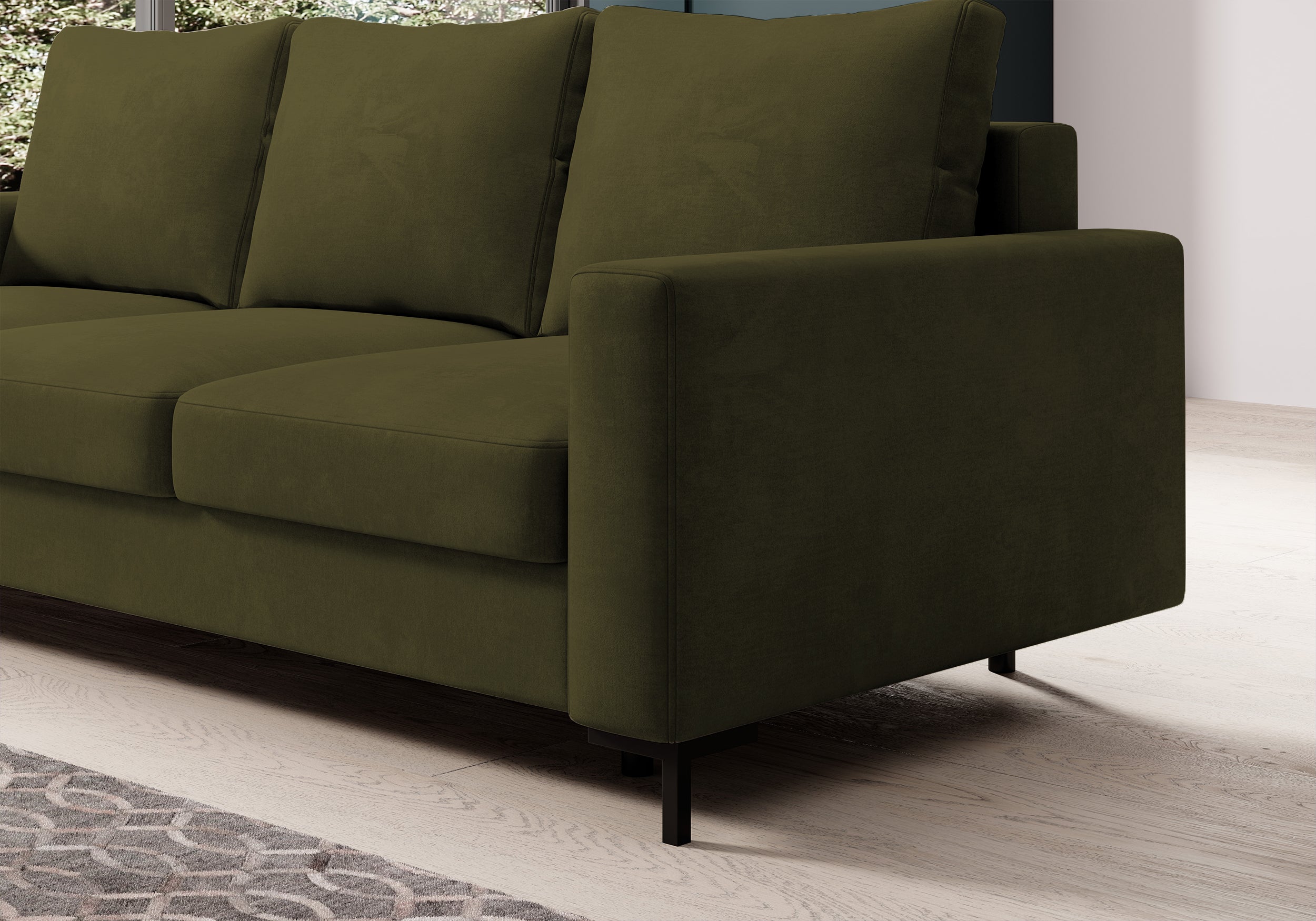 Dreisitziges ausklappbares Sofa Mokpeo mit Stauraum, olivgrüner Samtbezug