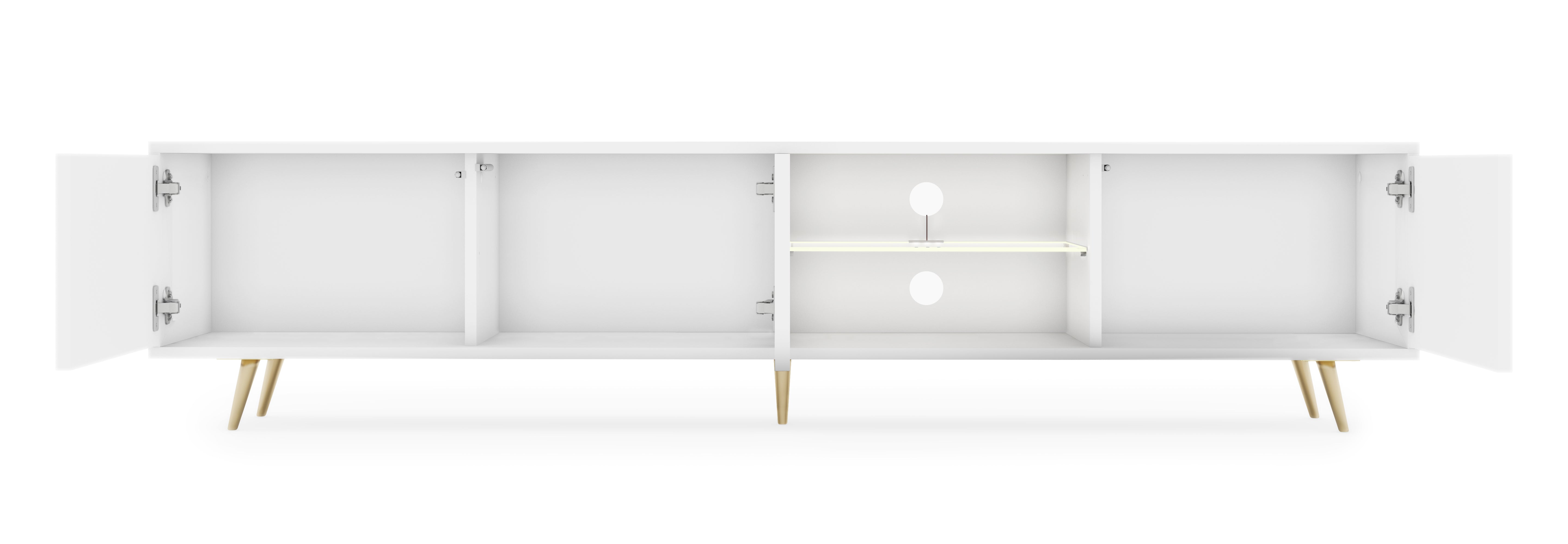TV-Schrank Bello mit Lamellenfronten, 175 cm, weiß mit LED und goldenen Beinen