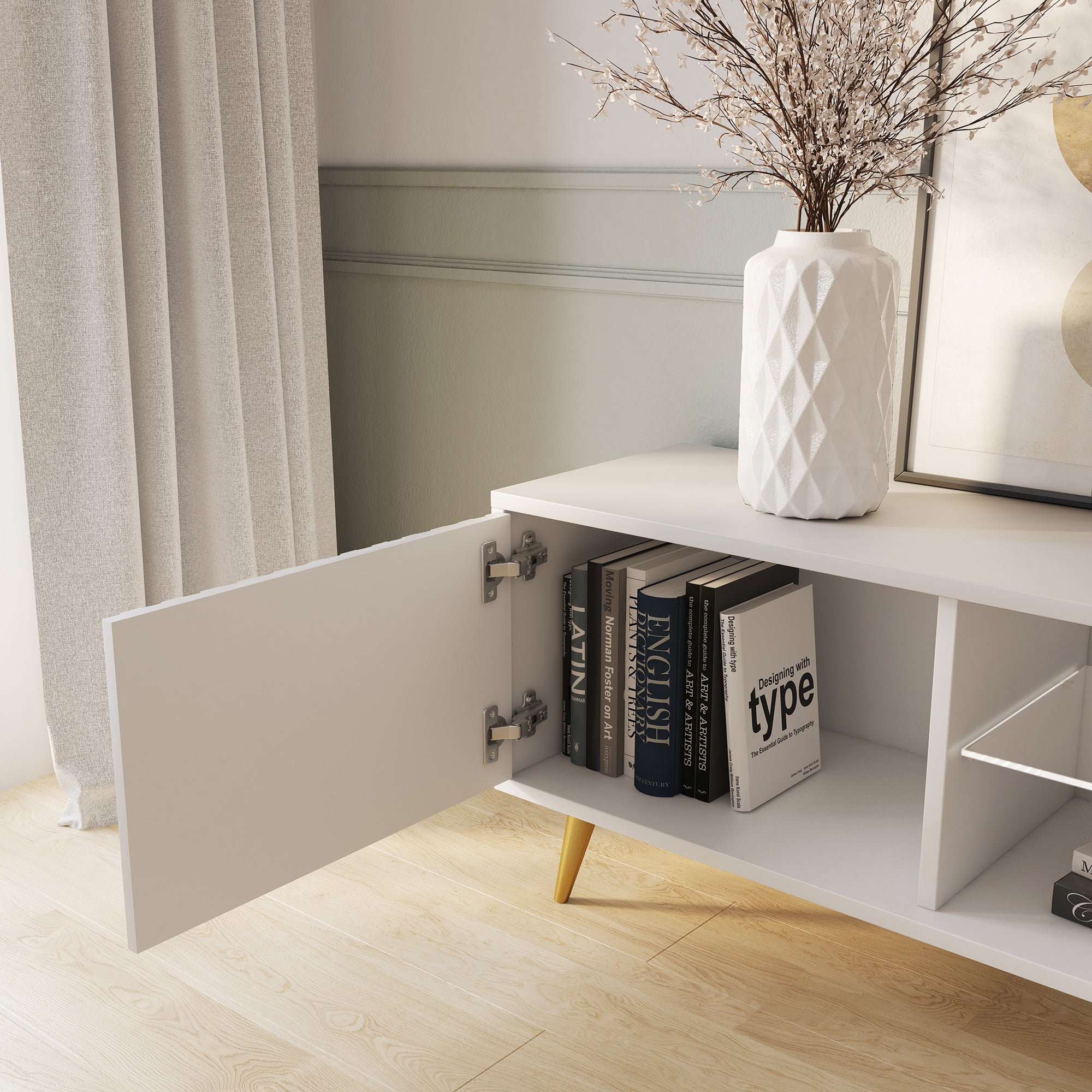 TV-Schrank Bello mit Lamellenfronten, 135 cm, weiß mit goldenen Beinen