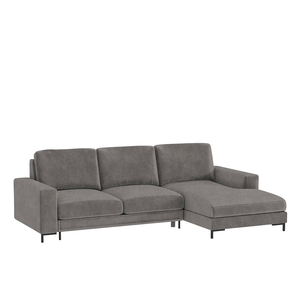 Ecksofa mit Schlaffunktion Mokpeo, L-förmig, mit zwei Stauraumfächern, schwarzen Füßen, dunkelgrau, aus pflegeleichtem Stoff, rechtsseitig