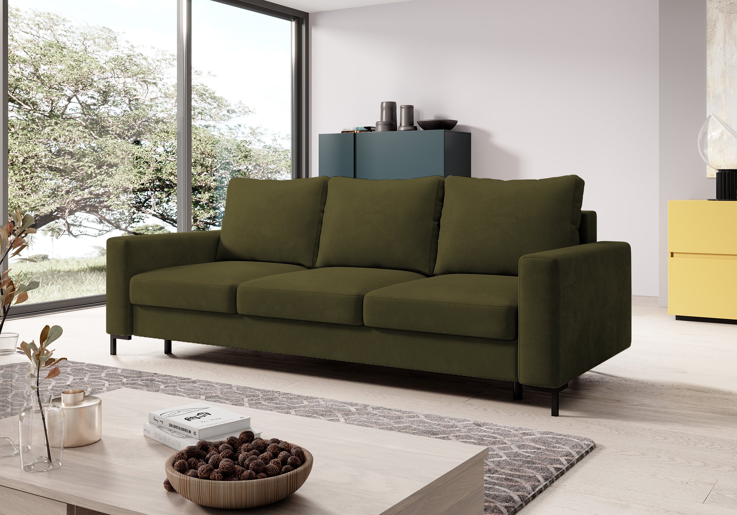 Dreisitziges ausklappbares Sofa Mokpeo mit Stauraum, olivgrüner Samtbezug