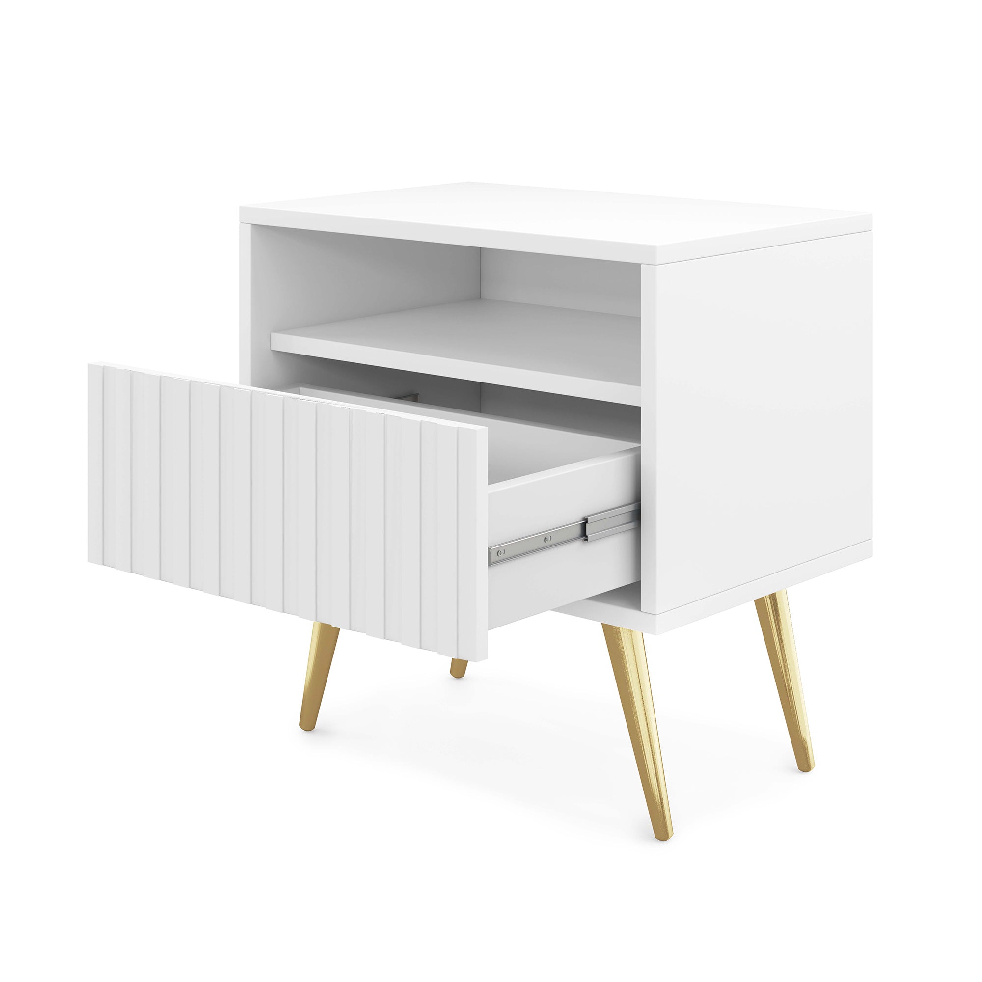 Nachttisch Bello mit Schublade und lamellenförmiger Front, weiß mit goldenen Beinen