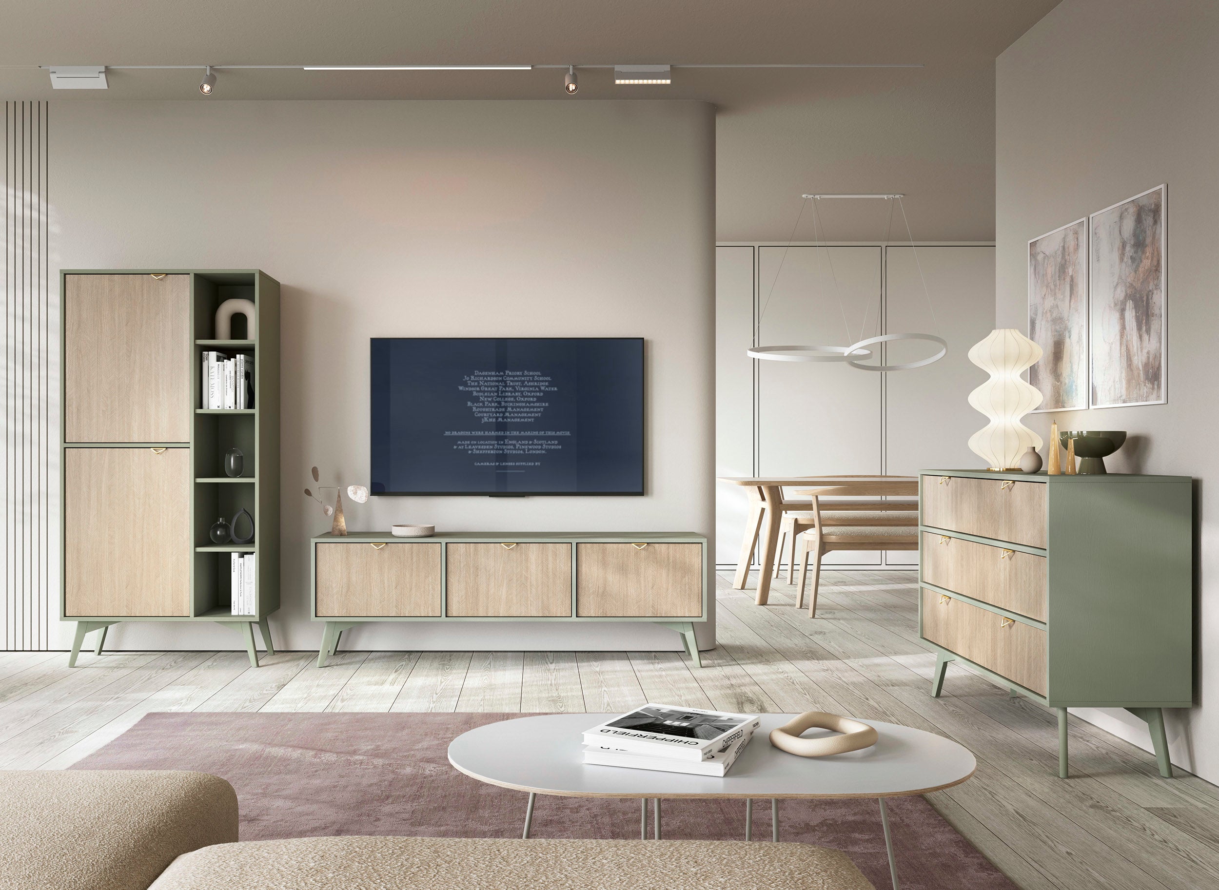 Favoria Regal mit zwei Türen 80 cm Eukalyptus/Fischgrät-Scandi mit goldenen Griffen