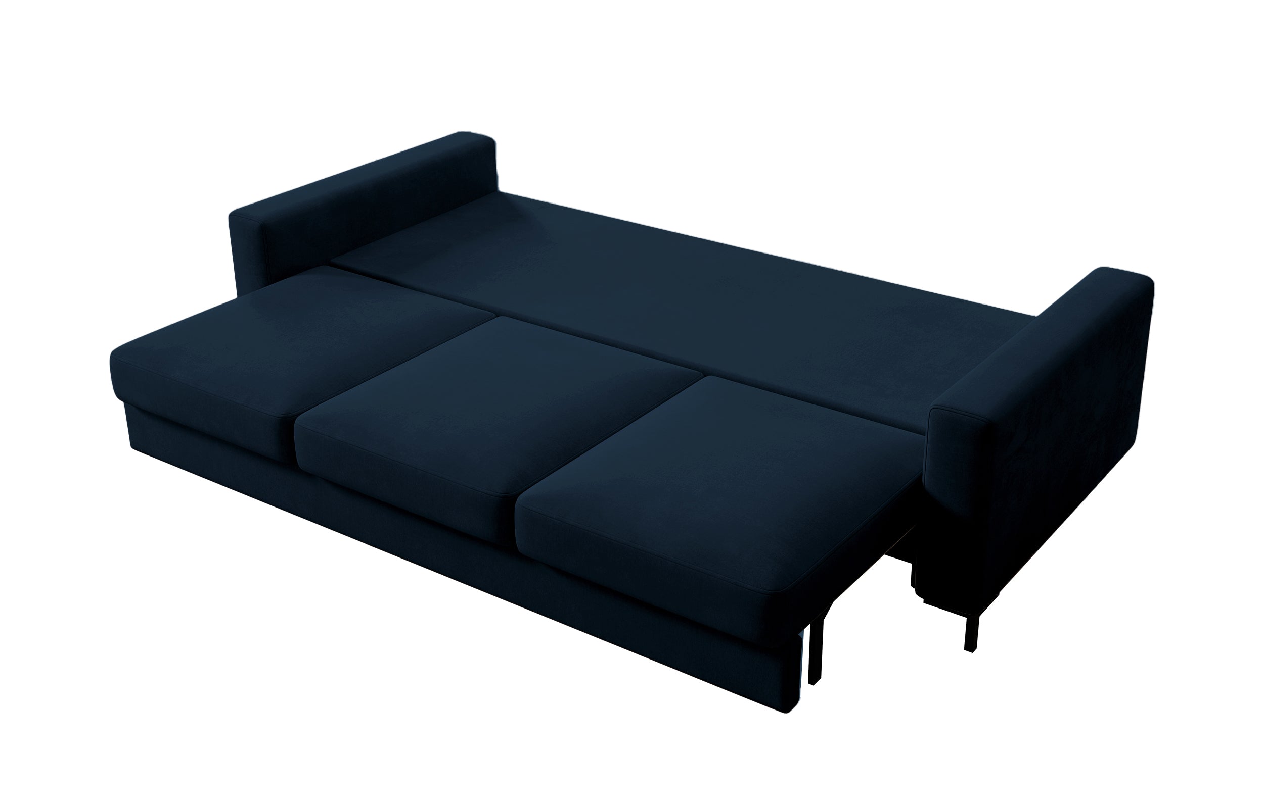 Dreisitziges Schlafsofa Mokpeo mit Stauraum, dunkelblauer Velours, pflegeleicht