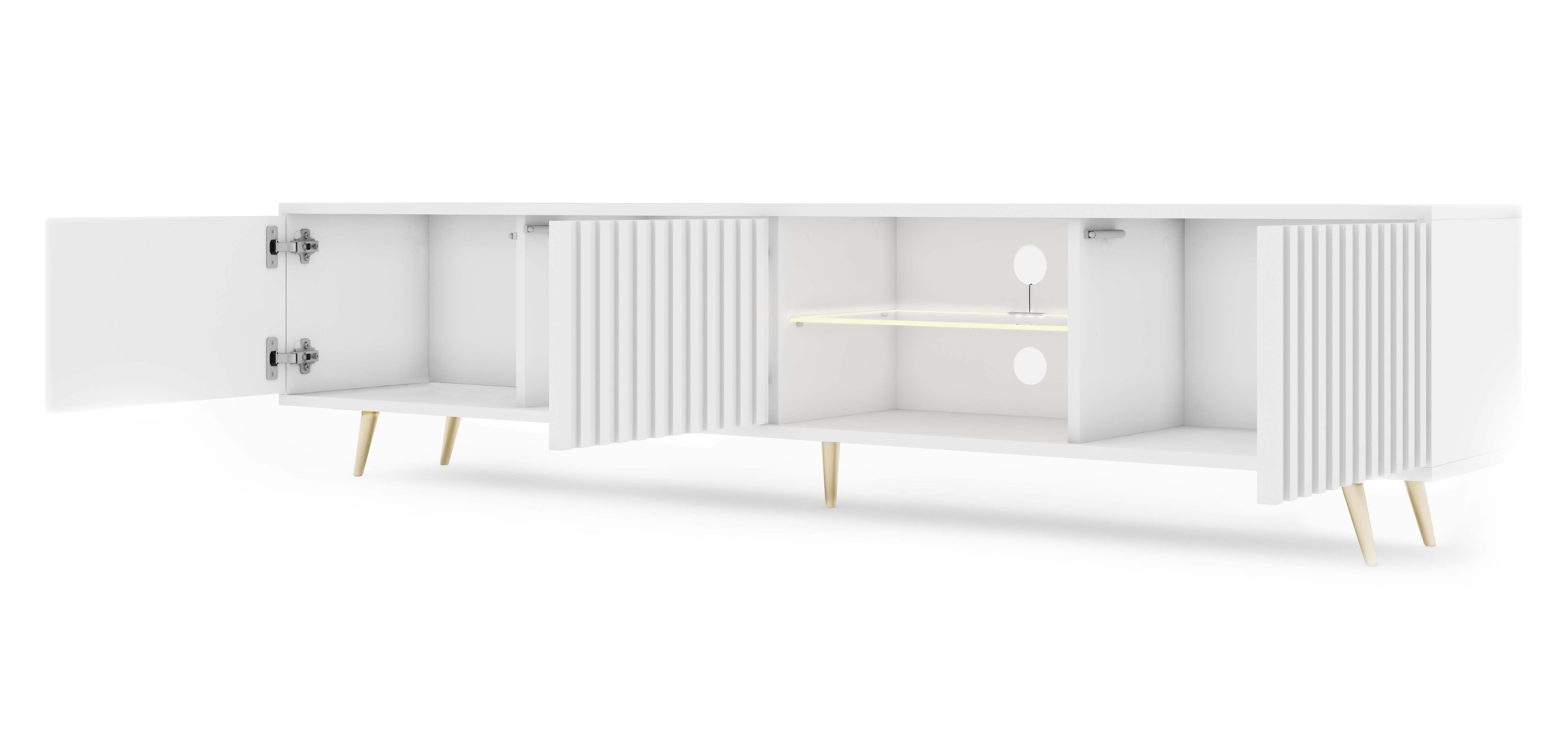 TV-Schrank Bello mit Lamellenfronten, 175 cm, weiß mit LED und goldenen Beinen