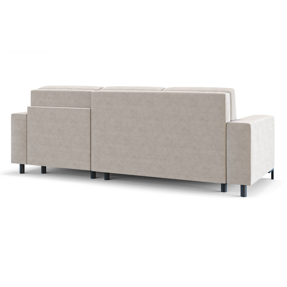 Ecksofa mit Schlafunktion Mokpeo, L-förmig, mit zwei Stauraumfächern auf schwarzen Füßen, beige Cordstoff, rechtsseitig