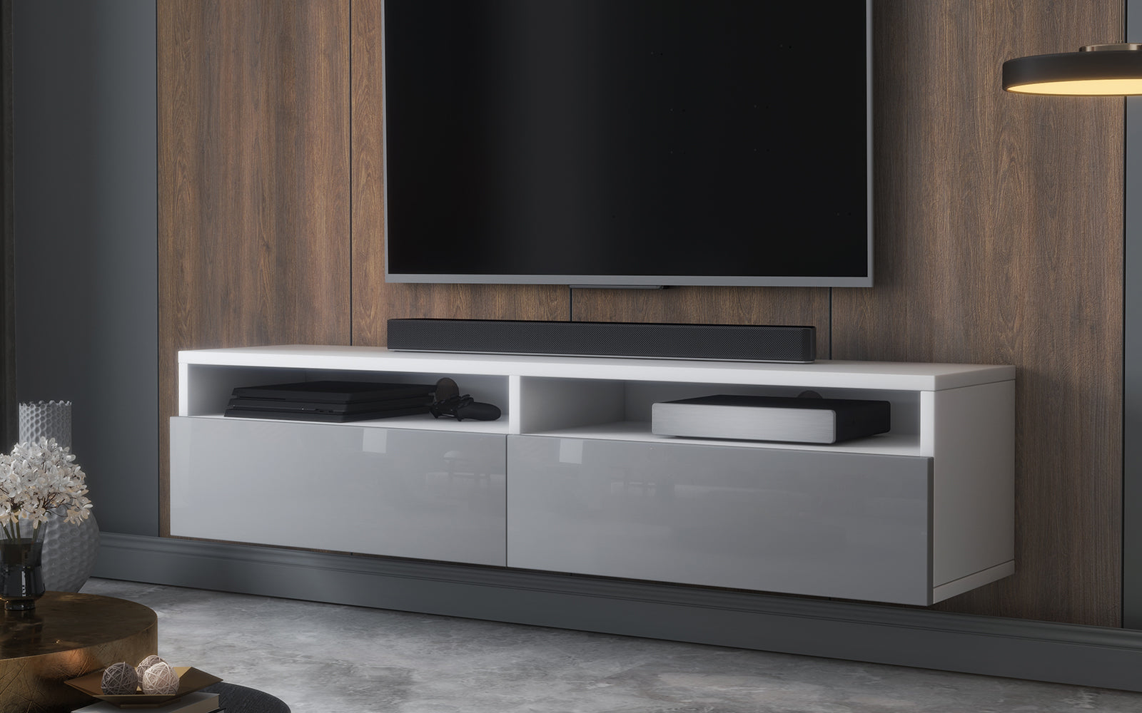 TV-Schrank mit zwei Schubladen Rednaw 140 cm Weiß matt / Grau glänzend