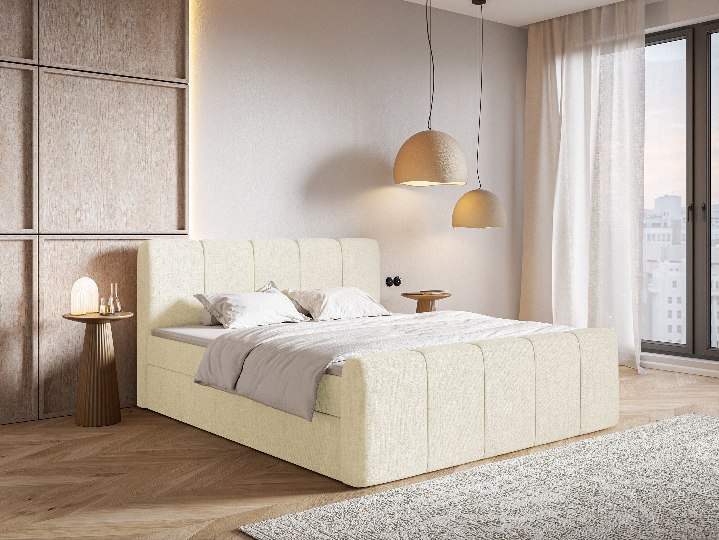 Kontinentalbett 140x200 cm Cloudy II mit Stauraum und Topper, cremefarben, hydrophobes Chenille