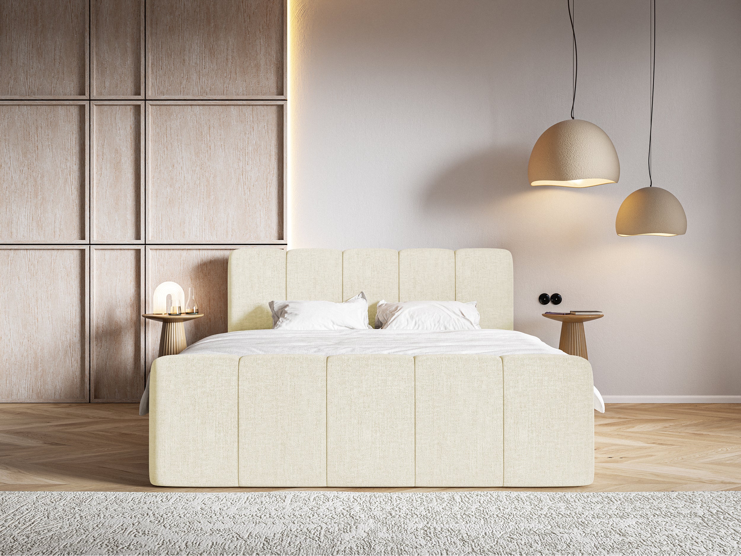 Kontinentales Bett 180x200 cm Cloudy II mit Stauraum und Topper, cremefarbenes hydrophobes Chenille