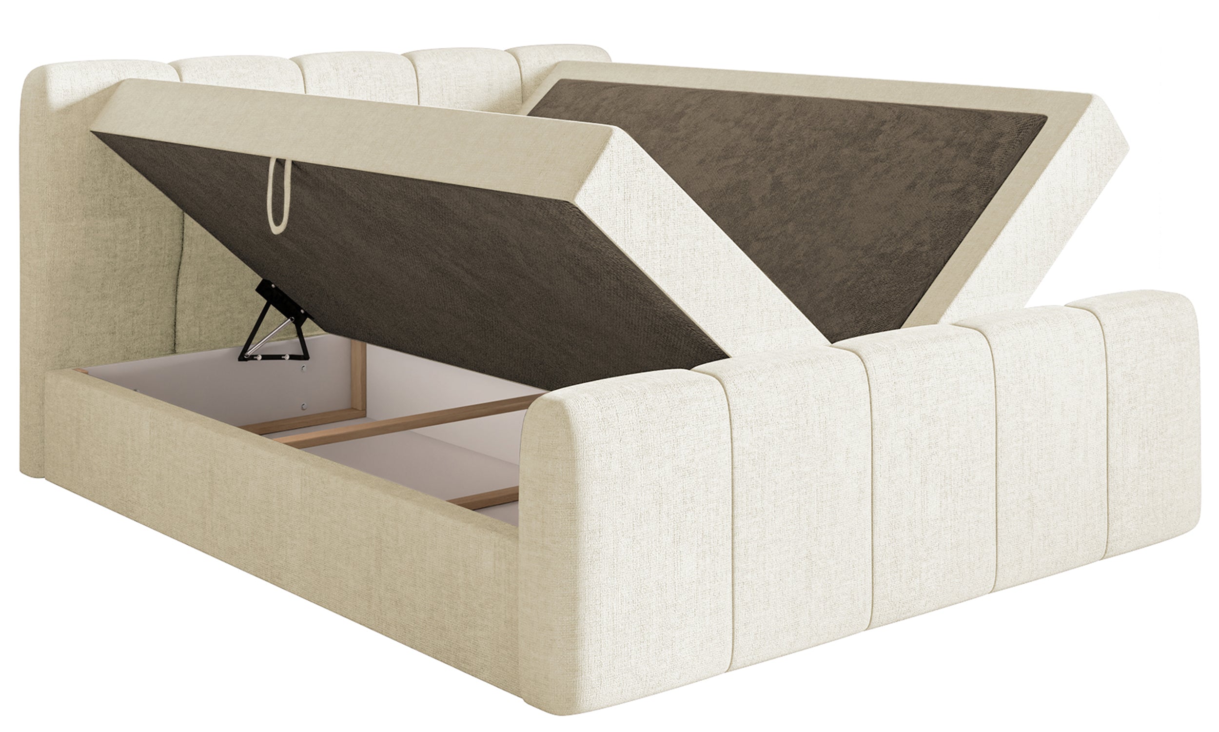 Kontinentales Bett 180x200 cm Cloudy II mit Stauraum und Topper, cremefarbenes hydrophobes Chenille