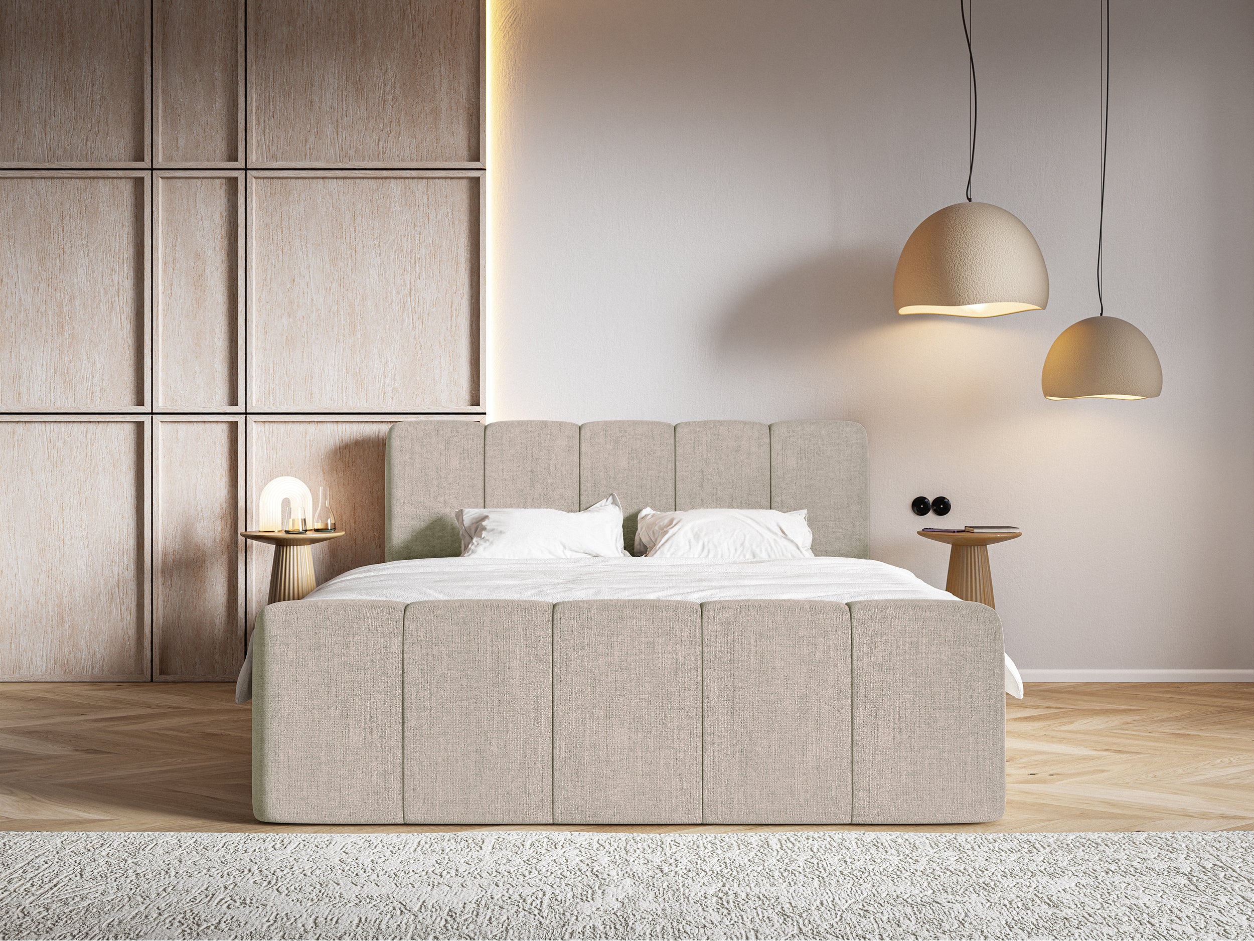 Kontinentales Bett 160x200 cm Cloudy II mit Stauraum und Topper, grau-brauner hydrophober Chenillestoff