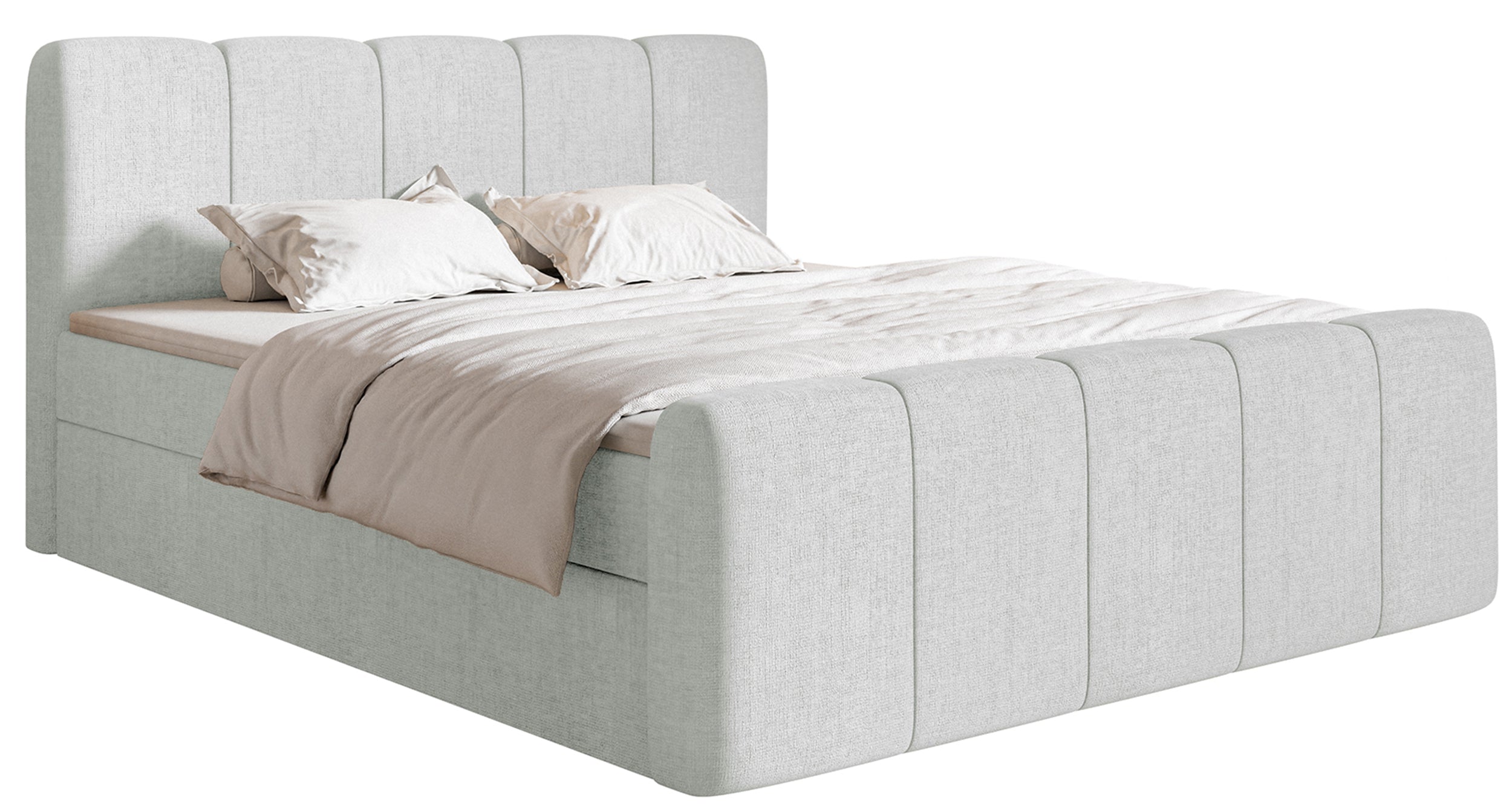 Kontinentalbett 180x200 cm Cloudy II mit Stauraum und Topper, hellgrauer hydrophober Chenillestoff