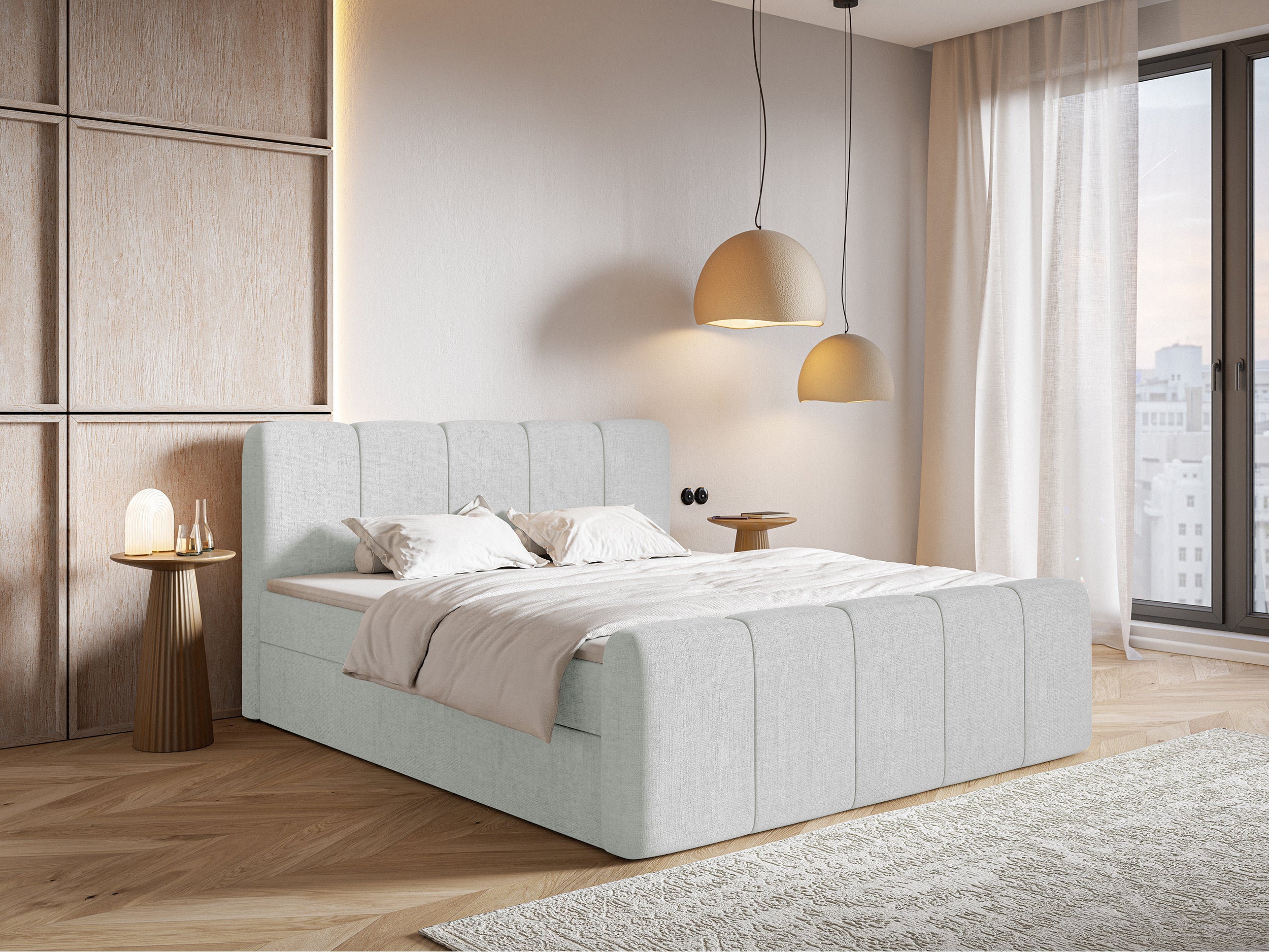Kontinentalbett 180x200 cm Cloudy II mit Stauraum und Topper, hellgrauer hydrophober Chenillestoff