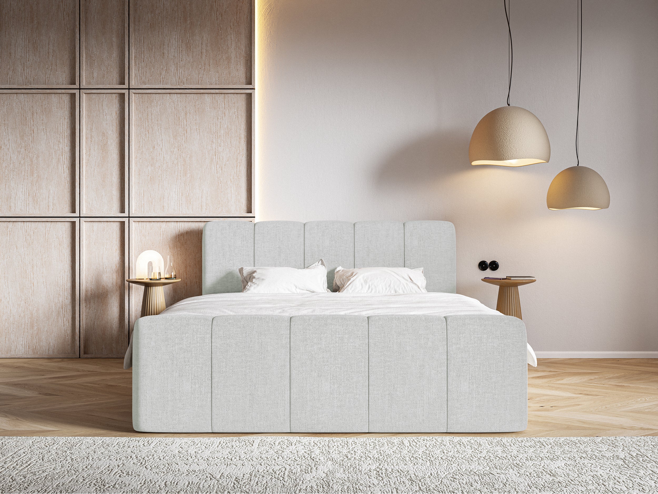 Kontinentalbett 180x200 cm Cloudy II mit Stauraum und Topper, hellgrauer hydrophober Chenillestoff