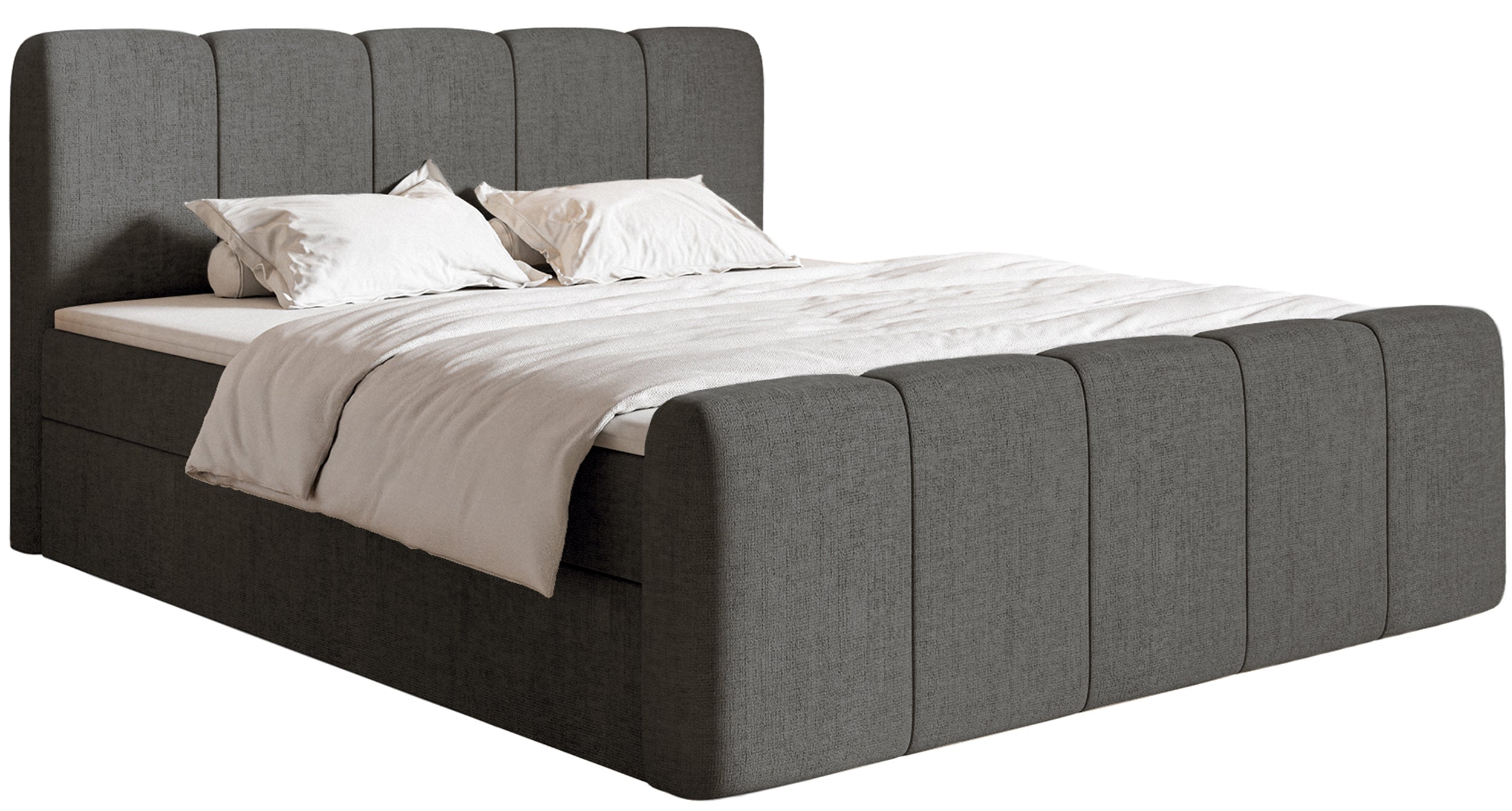 Kontinentales Bett 200x200 cm Cloudy II mit Stauraum und Topper, dunkelgrauer hydrophober Chenillestoff