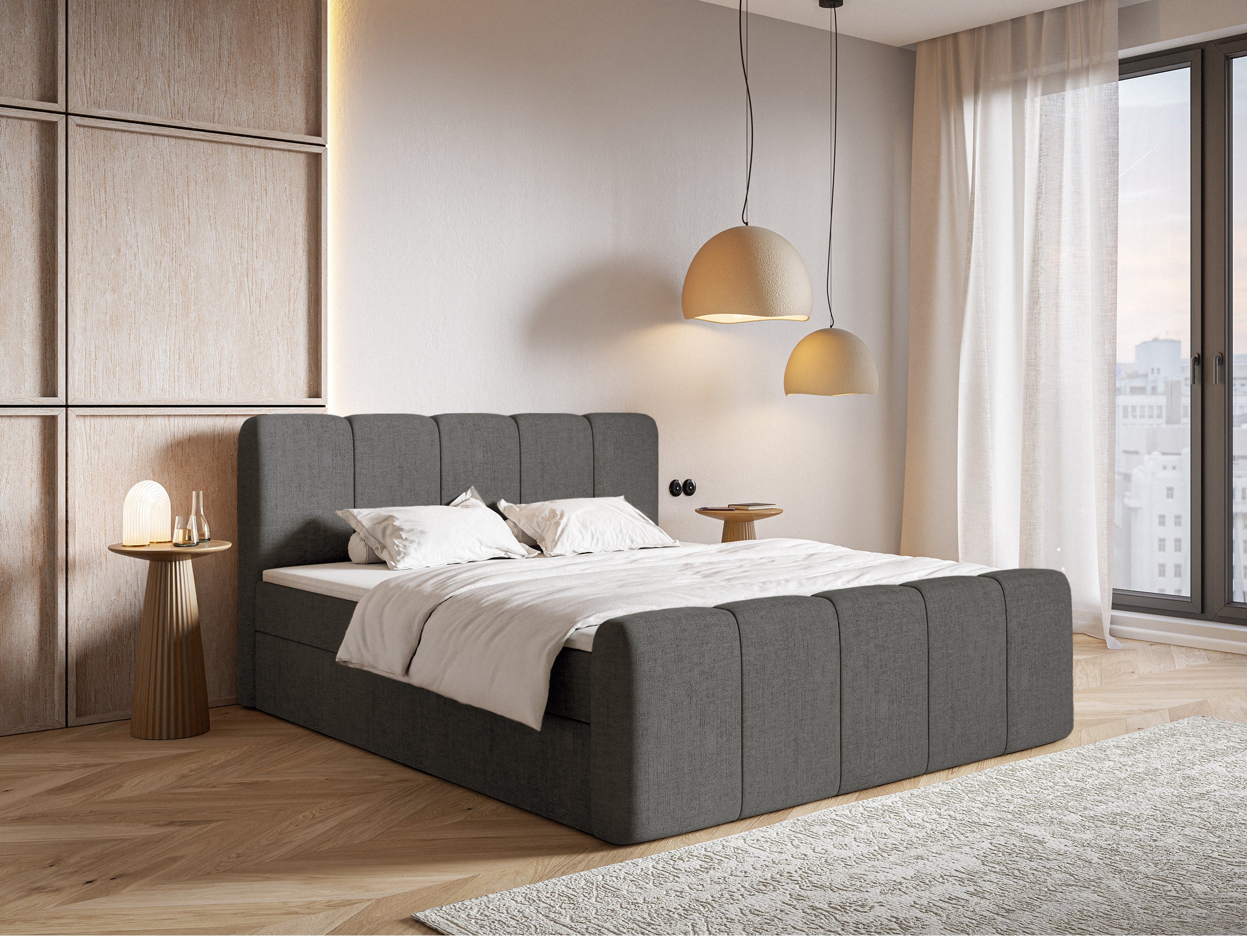 Kontinentales Bett 200x200 cm Cloudy II mit Stauraum und Topper, dunkelgrauer hydrophober Chenillestoff