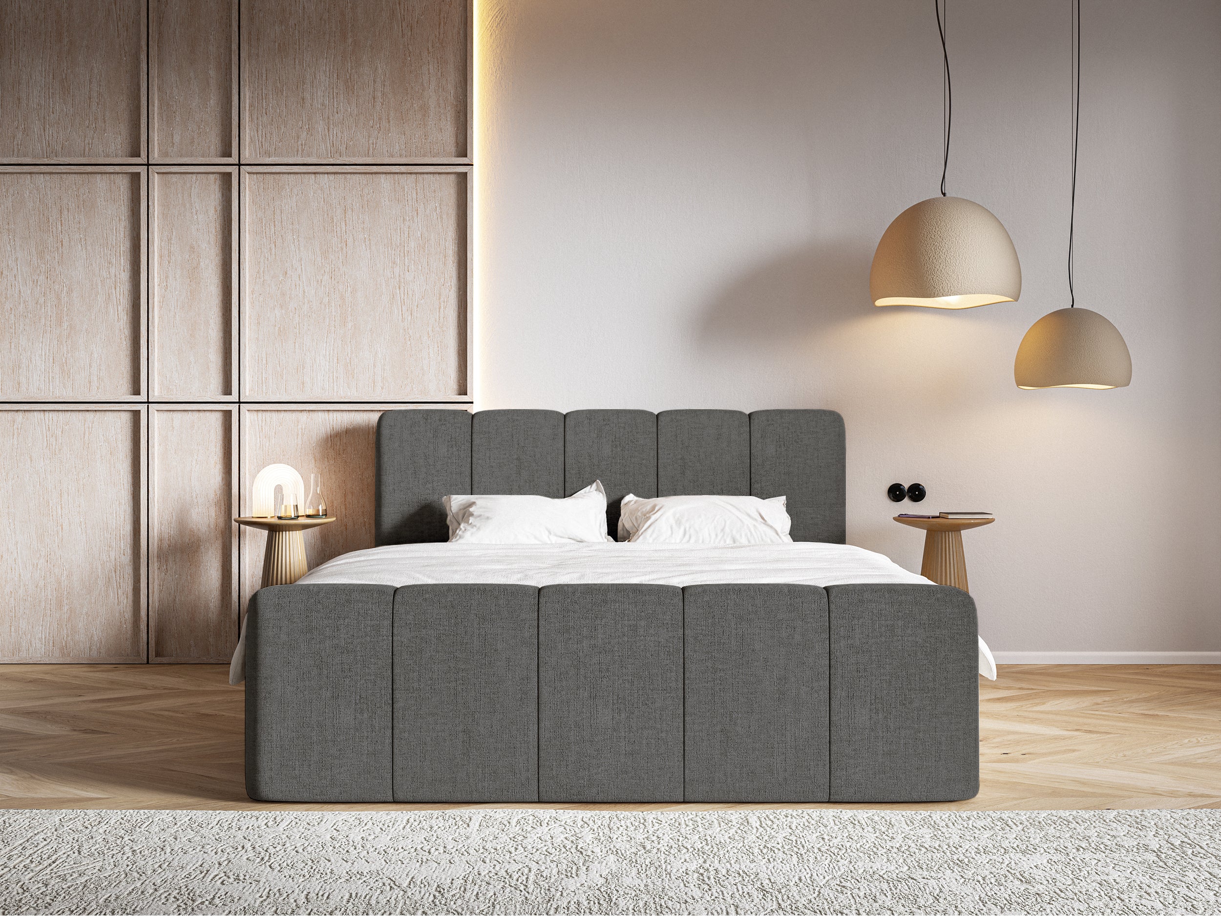 Kontinentales Bett 200x200 cm Cloudy II mit Stauraum und Topper, dunkelgrauer hydrophober Chenillestoff