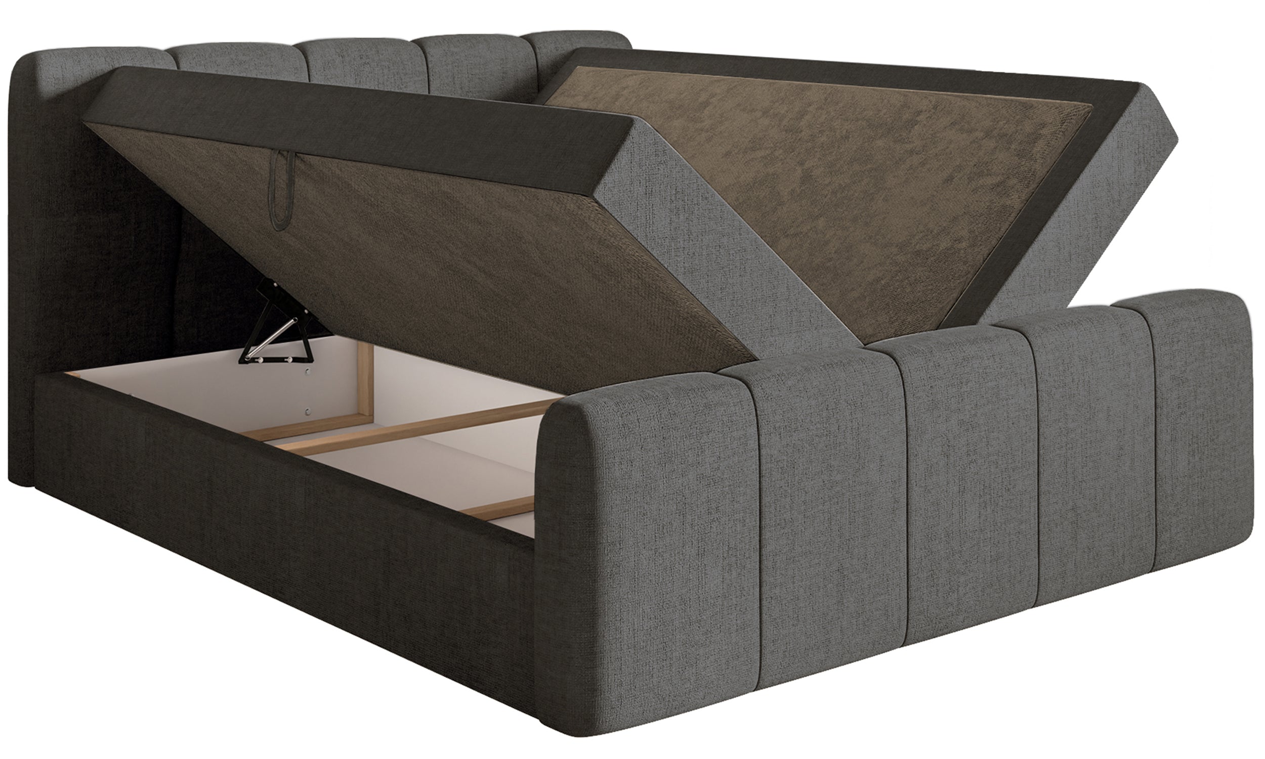Kontinentales Bett 200x200 cm Cloudy II mit Stauraum und Topper, dunkelgrauer hydrophober Chenillestoff