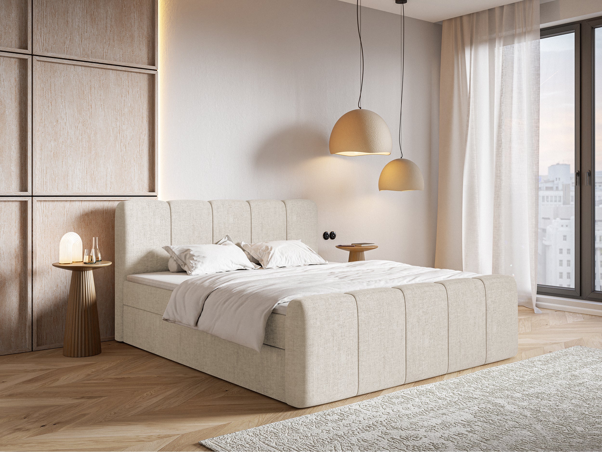 Kontinentalbett 200x200 cm Cloudy II mit Stauraum und Topper, hellbeige Chenille, wasserabweisend