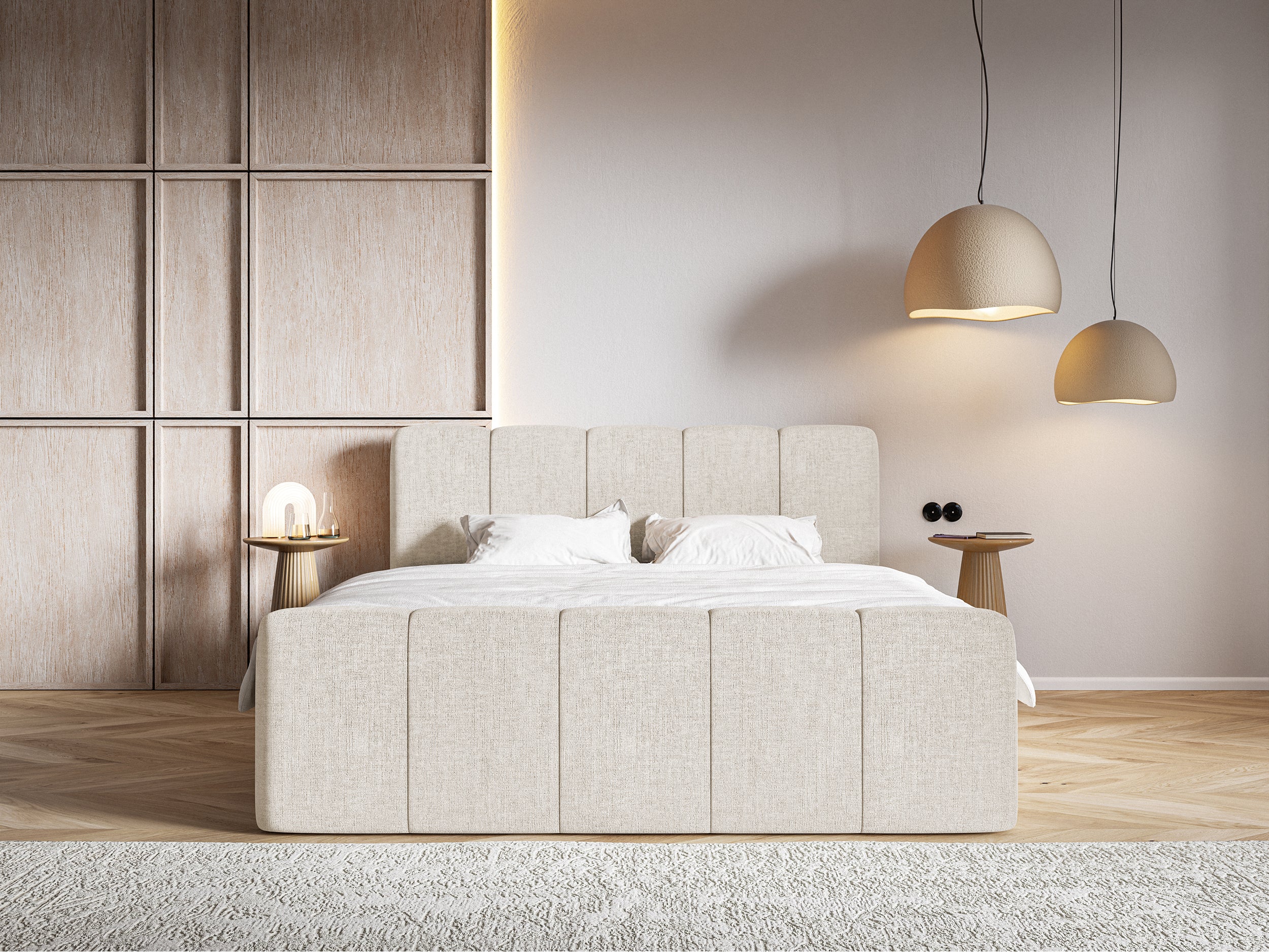 Kontinentalbett 200x200 cm Cloudy II mit Stauraum und Topper, hellbeige Chenille, wasserabweisend