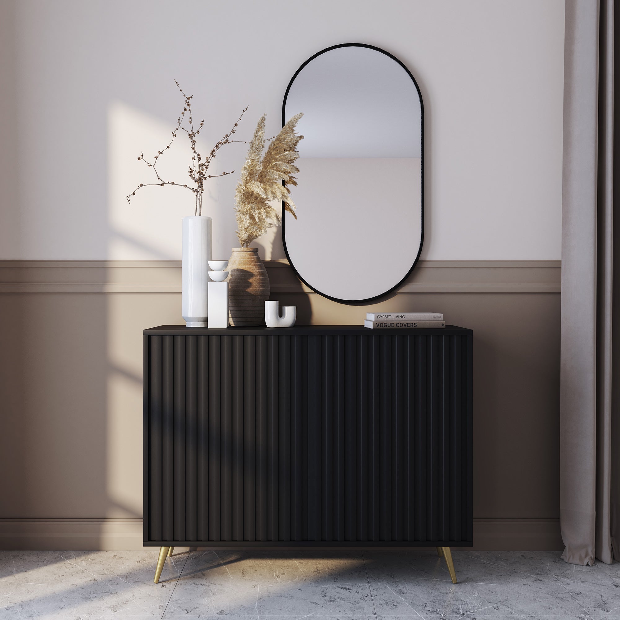 Kommode Bello mit Lamellenfronten 104 cm schwarz mit goldenen Beinen
