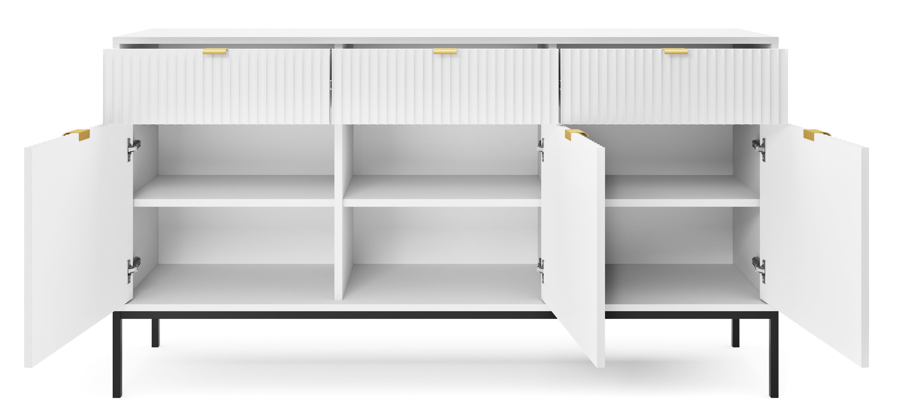 Drehtür-Kommode Vellore 154 cm weiß mit gerillten Fronten und goldenen Griffen