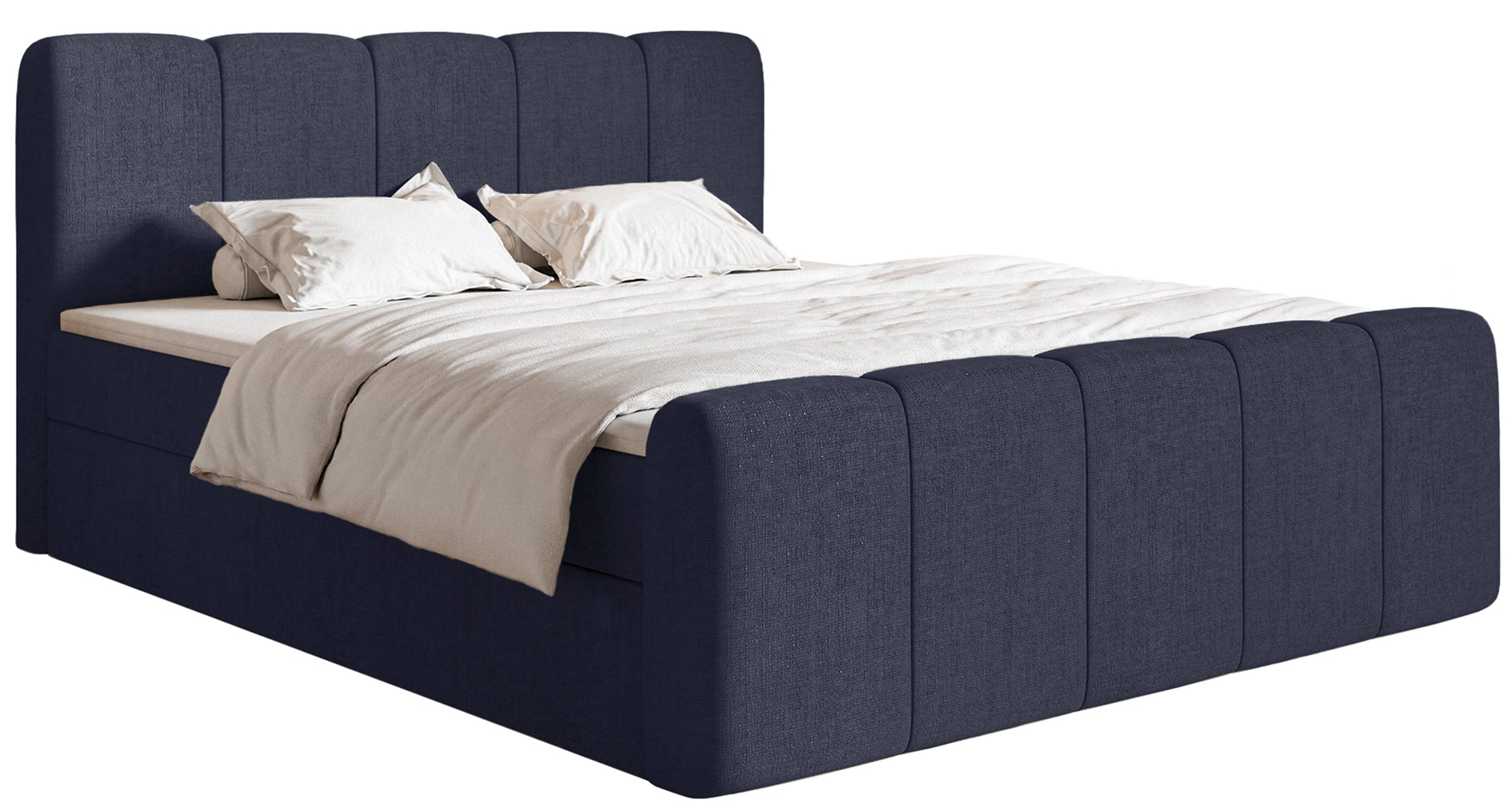 Kontinentales Bett 160x200 cm Cloudy II mit Stauraum und Topper, marineblauer hydrophober Chenillestoff
