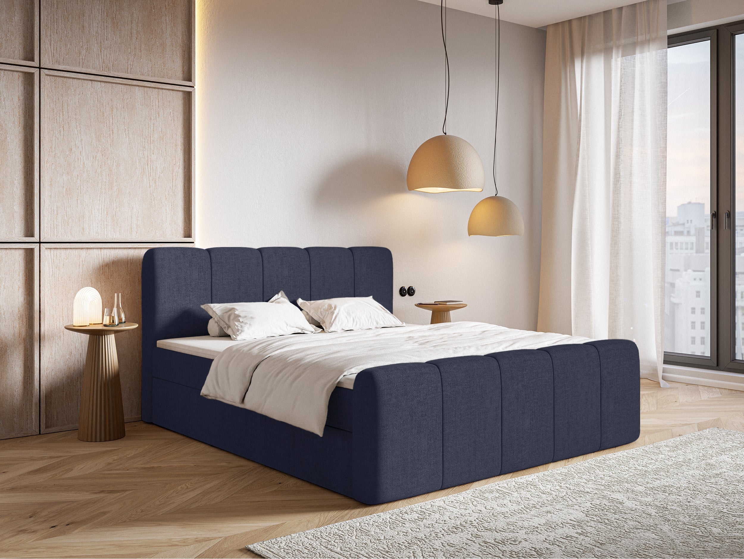 Kontinentales Bett 160x200 cm Cloudy II mit Stauraum und Topper, marineblauer hydrophober Chenillestoff