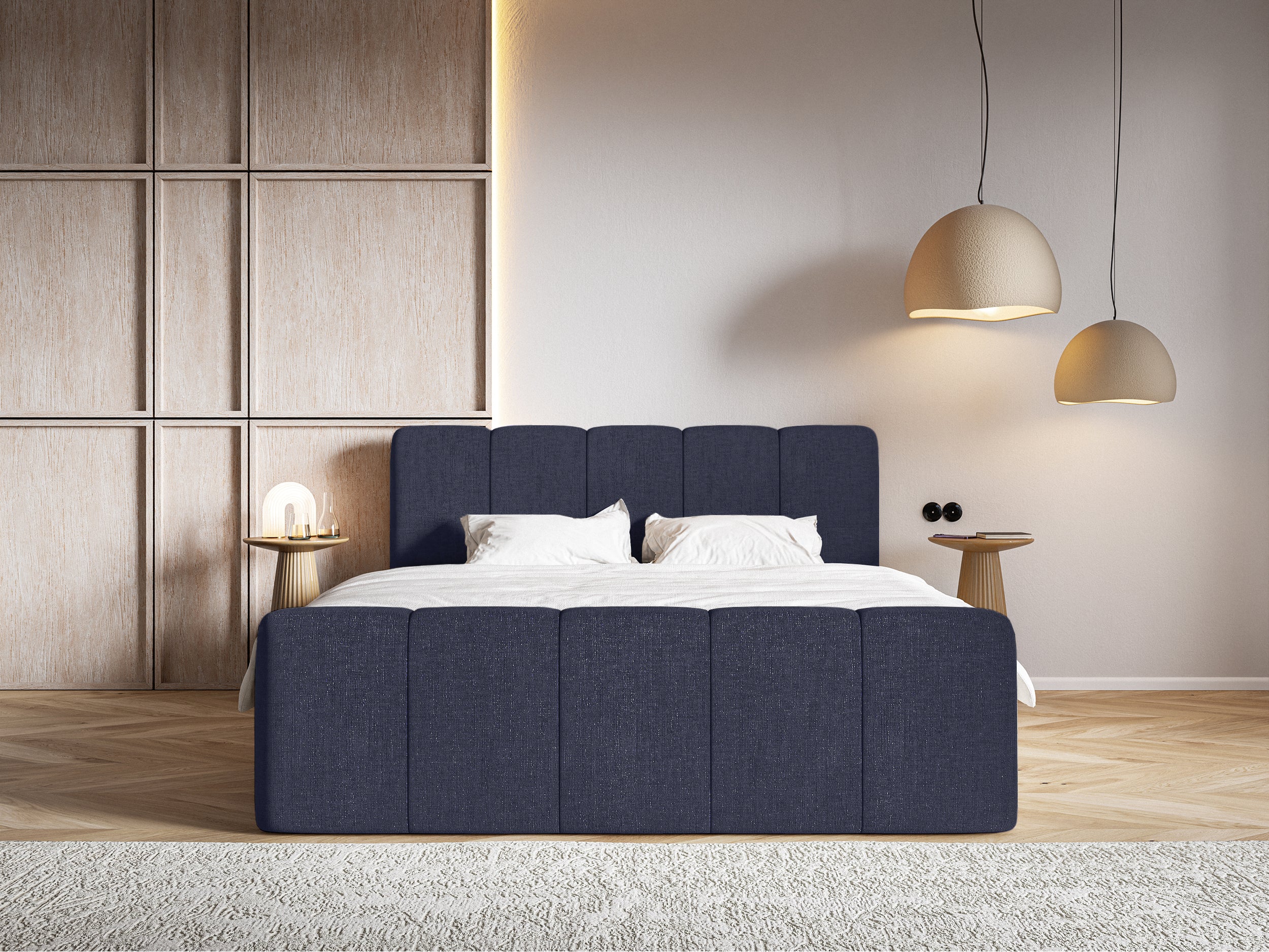 Kontinentales Bett 160x200 cm Cloudy II mit Stauraum und Topper, marineblauer hydrophober Chenillestoff