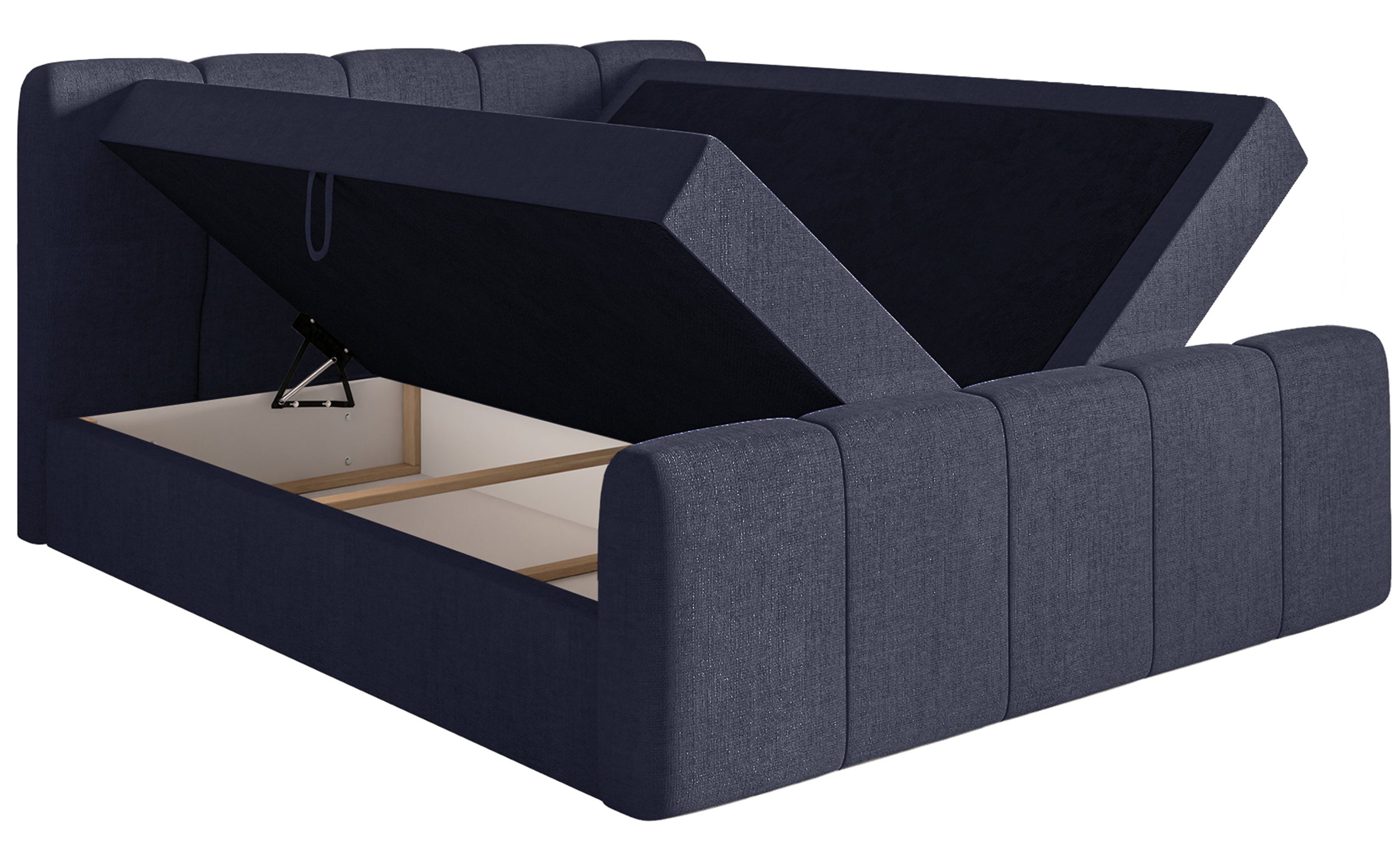 Kontinentales Bett 160x200 cm Cloudy II mit Stauraum und Topper, marineblauer hydrophober Chenillestoff