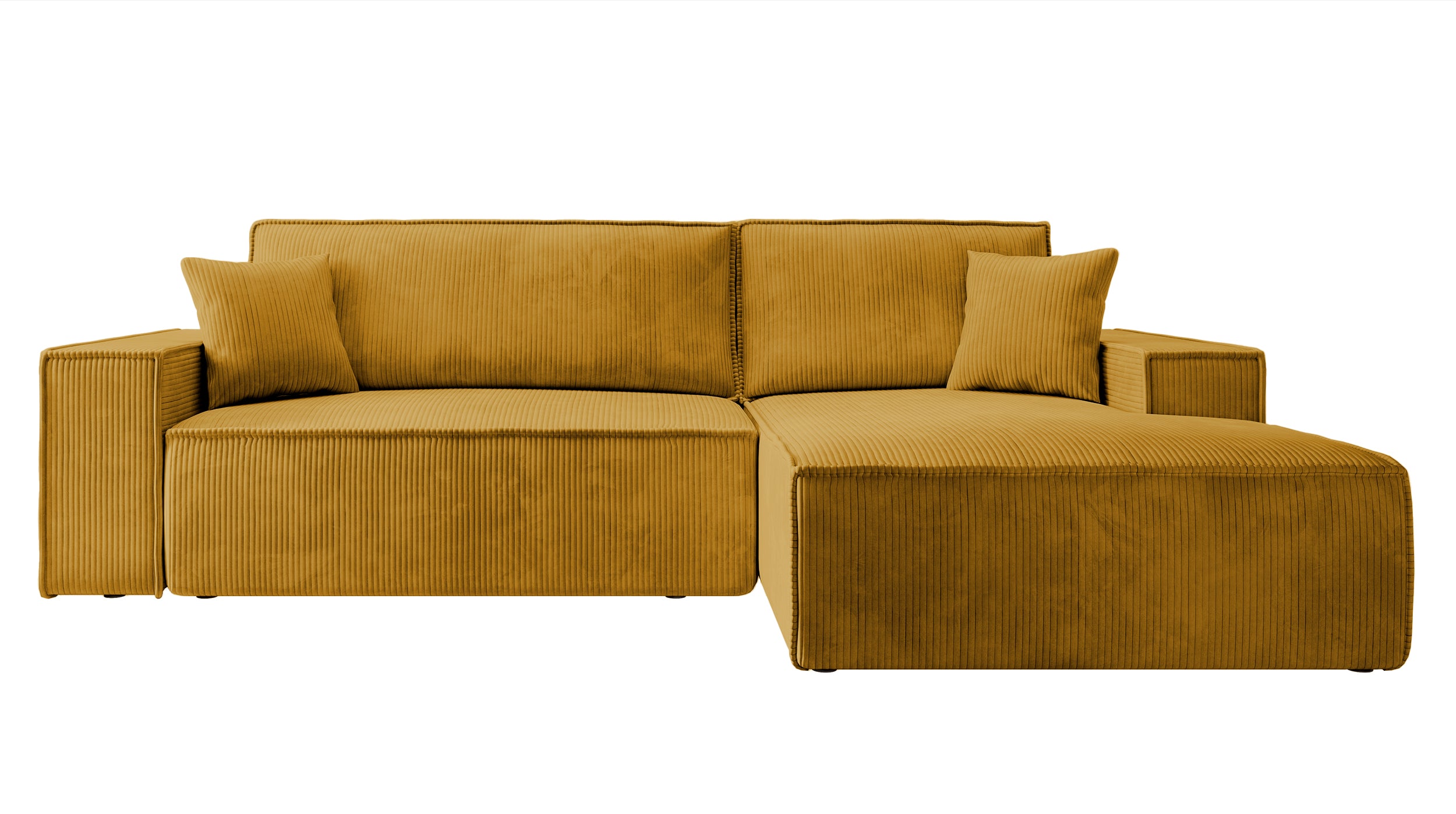 Ecksofa mit Schlaffunktion Farese New, L-förmig, mit Stauraum, senfgelber Cordstoff, rechtsseitig