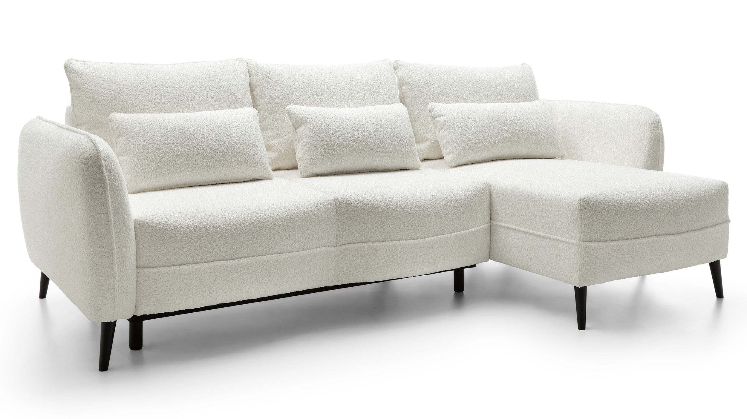Ecksofa mit Schlaffunktion Eliano, L-förmig, mit Stauraum, cremefarbenes Bouclé, rechtsseitig