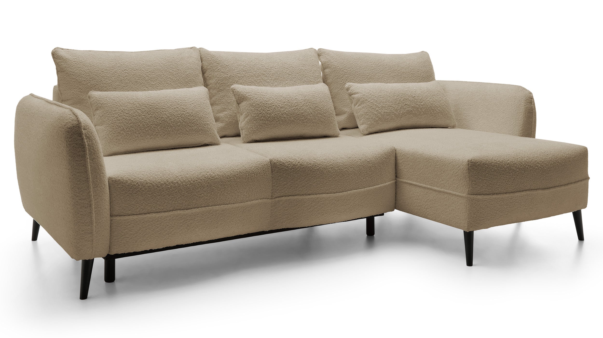 Ecksofa mit Schlaffunktion Eliano, L-förmig, mit Stauraum, hellbeiger Bouclé-Stoff, rechtsseitig