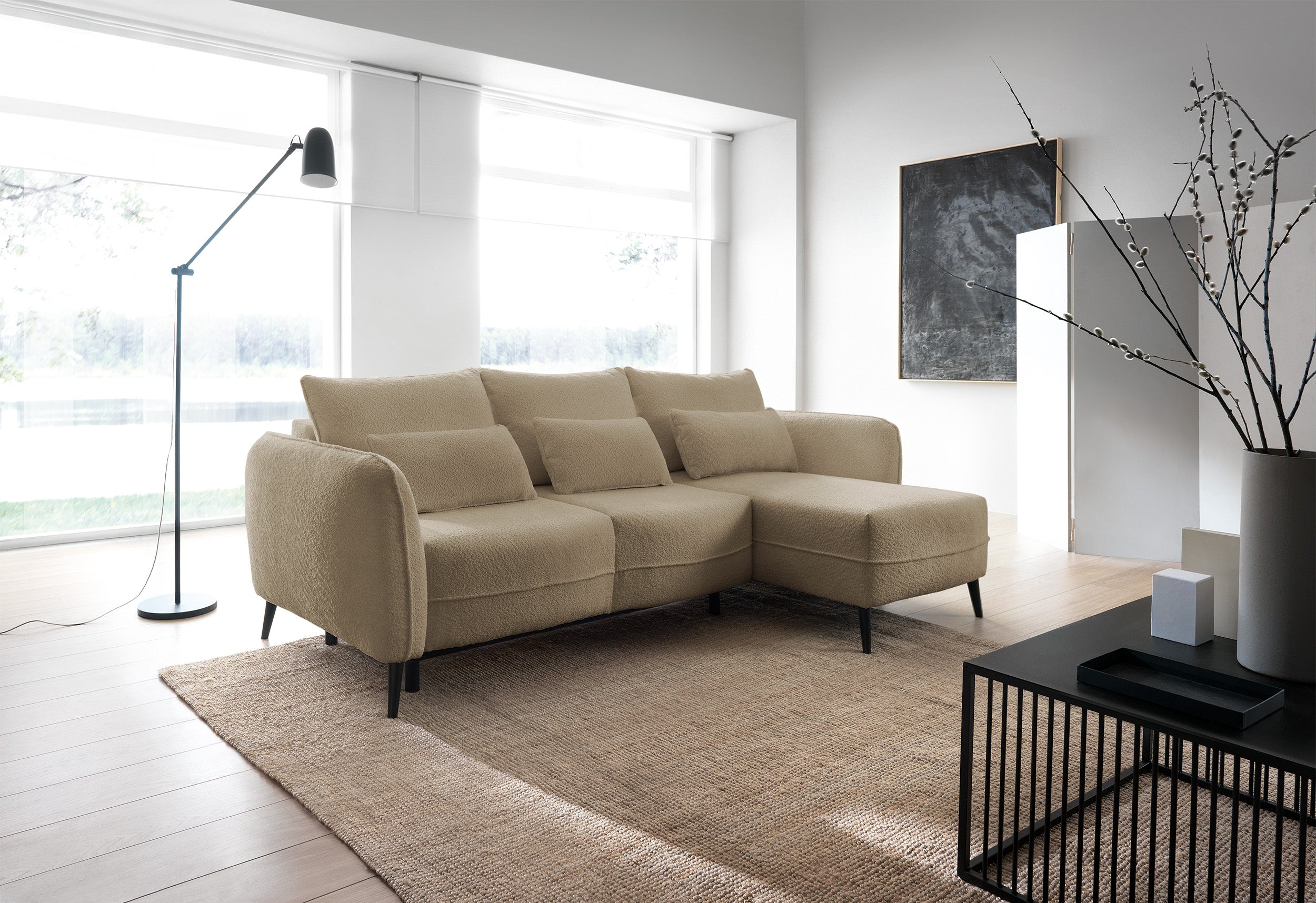Ecksofa mit Schlaffunktion Eliano, L-förmig, mit Stauraum, hellbeiger Bouclé-Stoff, rechtsseitig