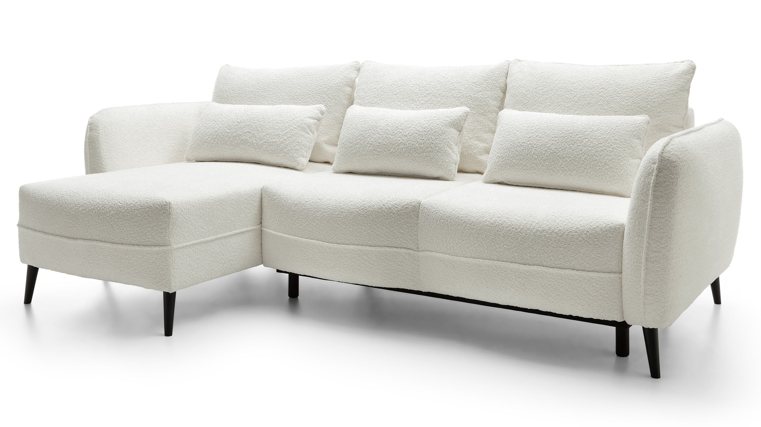 Ecksofa mit Schlaffunktion Eliano, L-förmig, mit Stauraum, cremefarbenes Bouclé, linksseitig