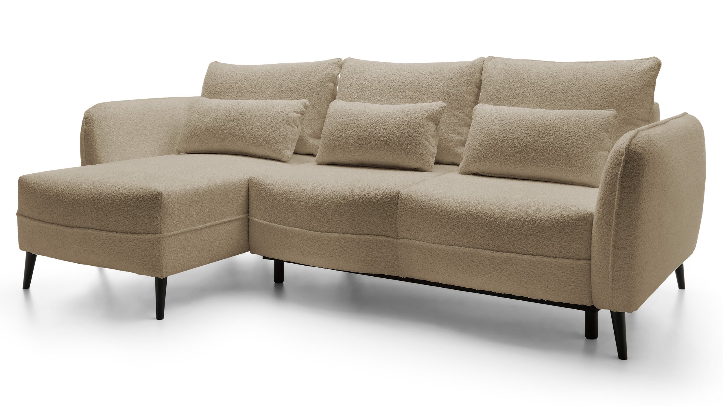 Ecksofa mit Schlaffunktion Eliano, L-förmig, mit Stauraum, hellbeiger Bouclé-Stoff, linksseitig