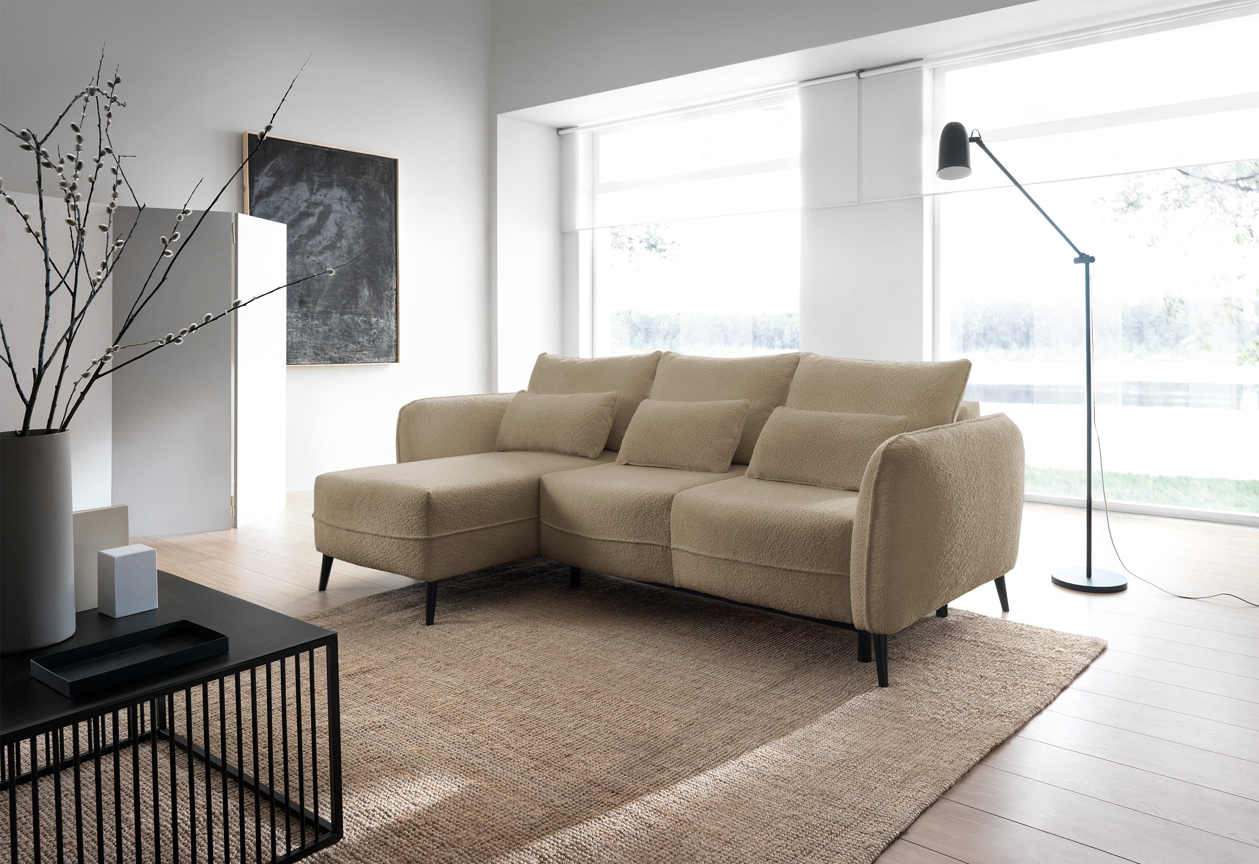 Ecksofa mit Schlaffunktion Eliano, L-förmig, mit Stauraum, hellbeiger Bouclé-Stoff, linksseitig