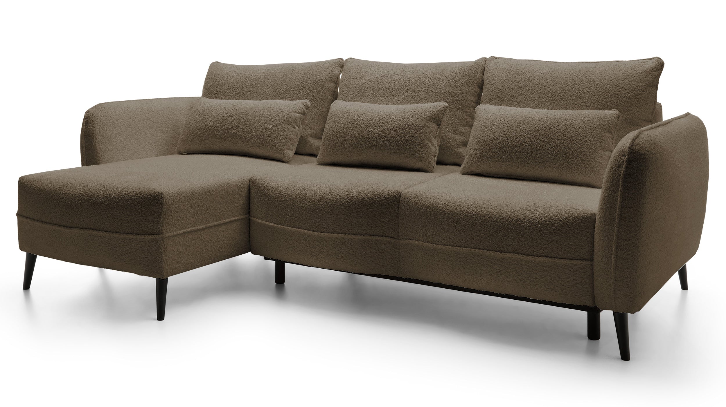 Ecksofa mit Schlaffunktion Eliano, L-förmig, mit Stauraum, dunkelbraunes Bouclé, linksseitig