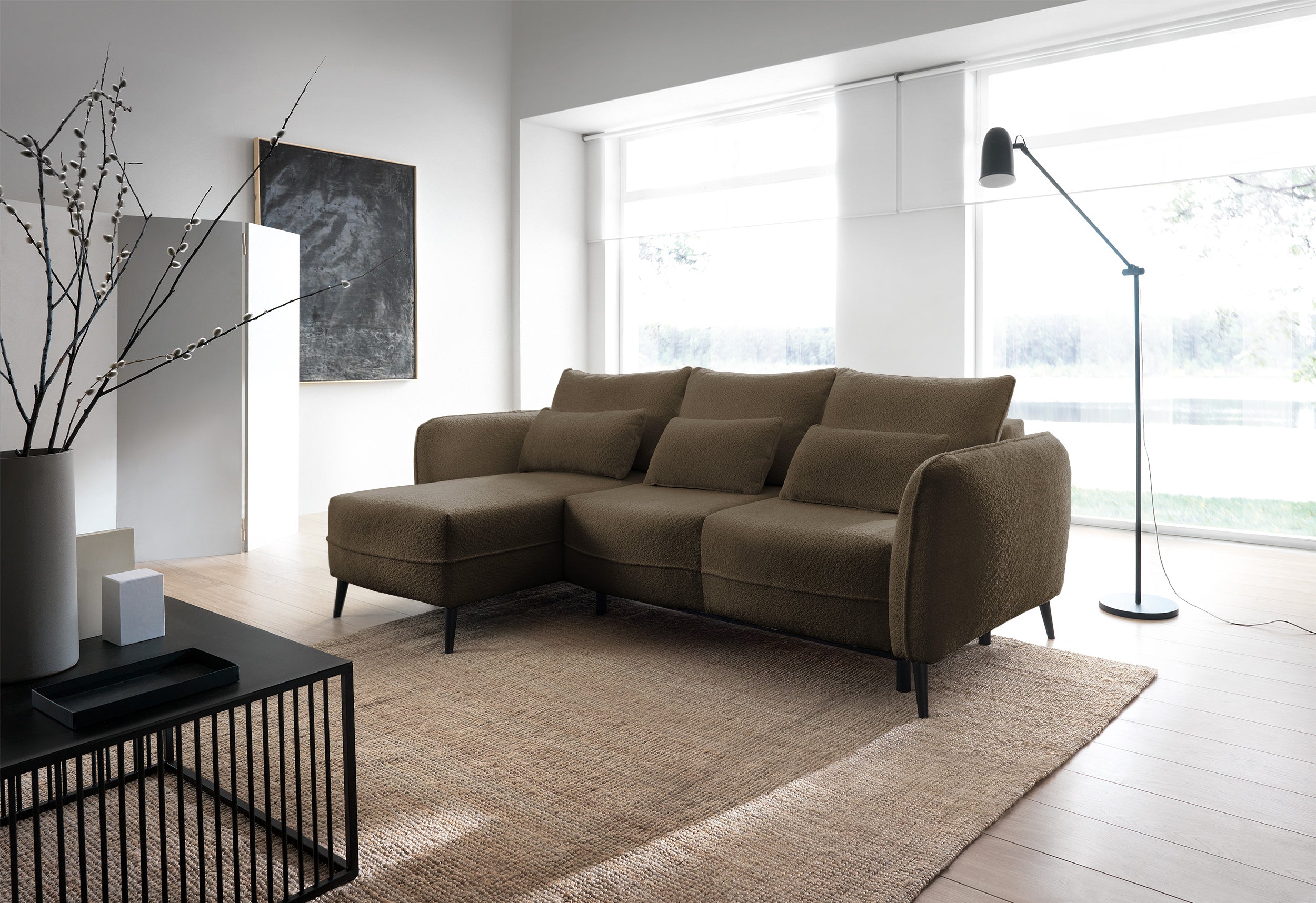Ecksofa mit Schlaffunktion Eliano, L-förmig, mit Stauraum, dunkelbraunes Bouclé, linksseitig